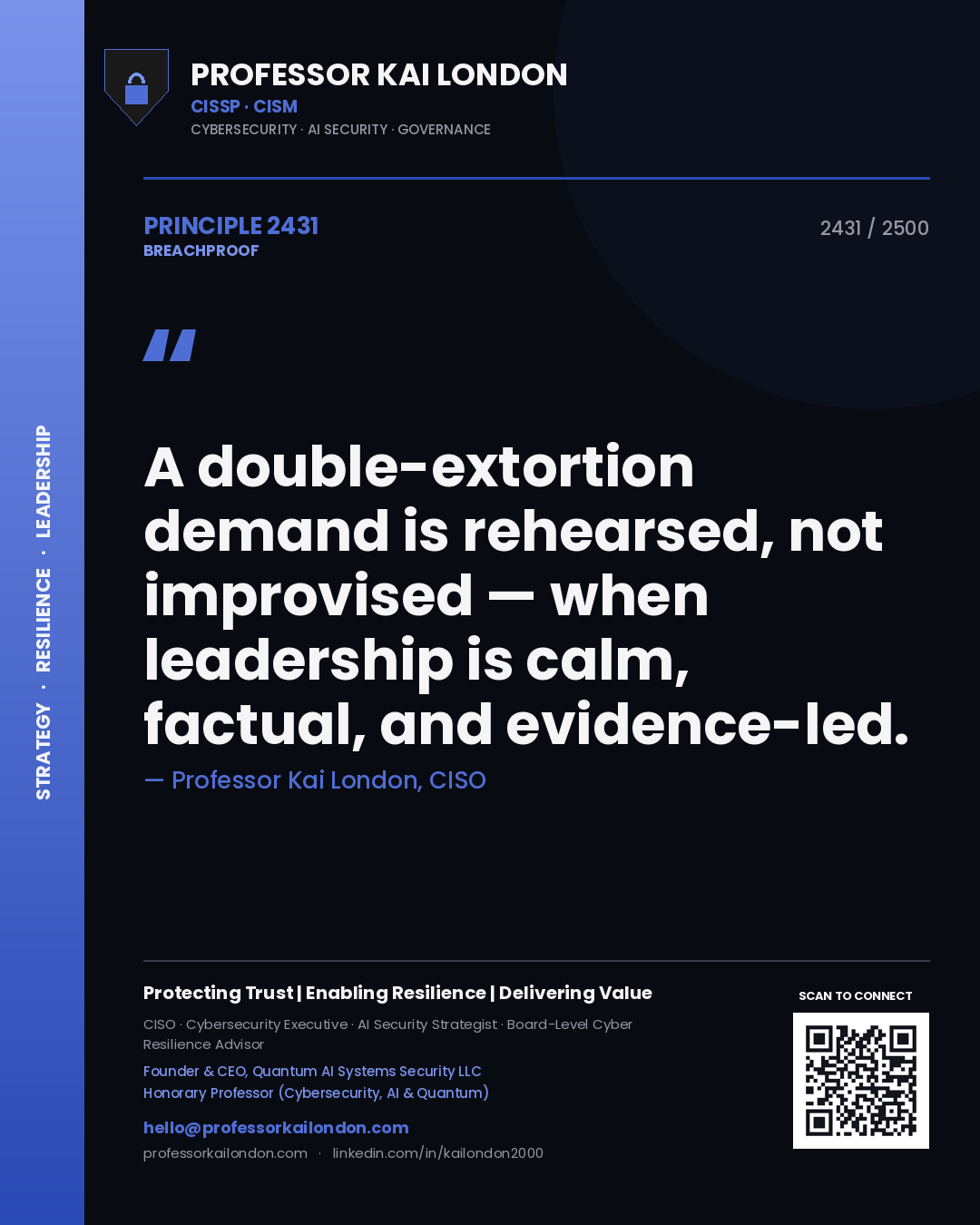 Quote card by Professor Kai London reading 'A double-extortion demand is rehearsed, not improvised — when leadership is calm, factual, and evidence-led.'. From the book Breachproof.