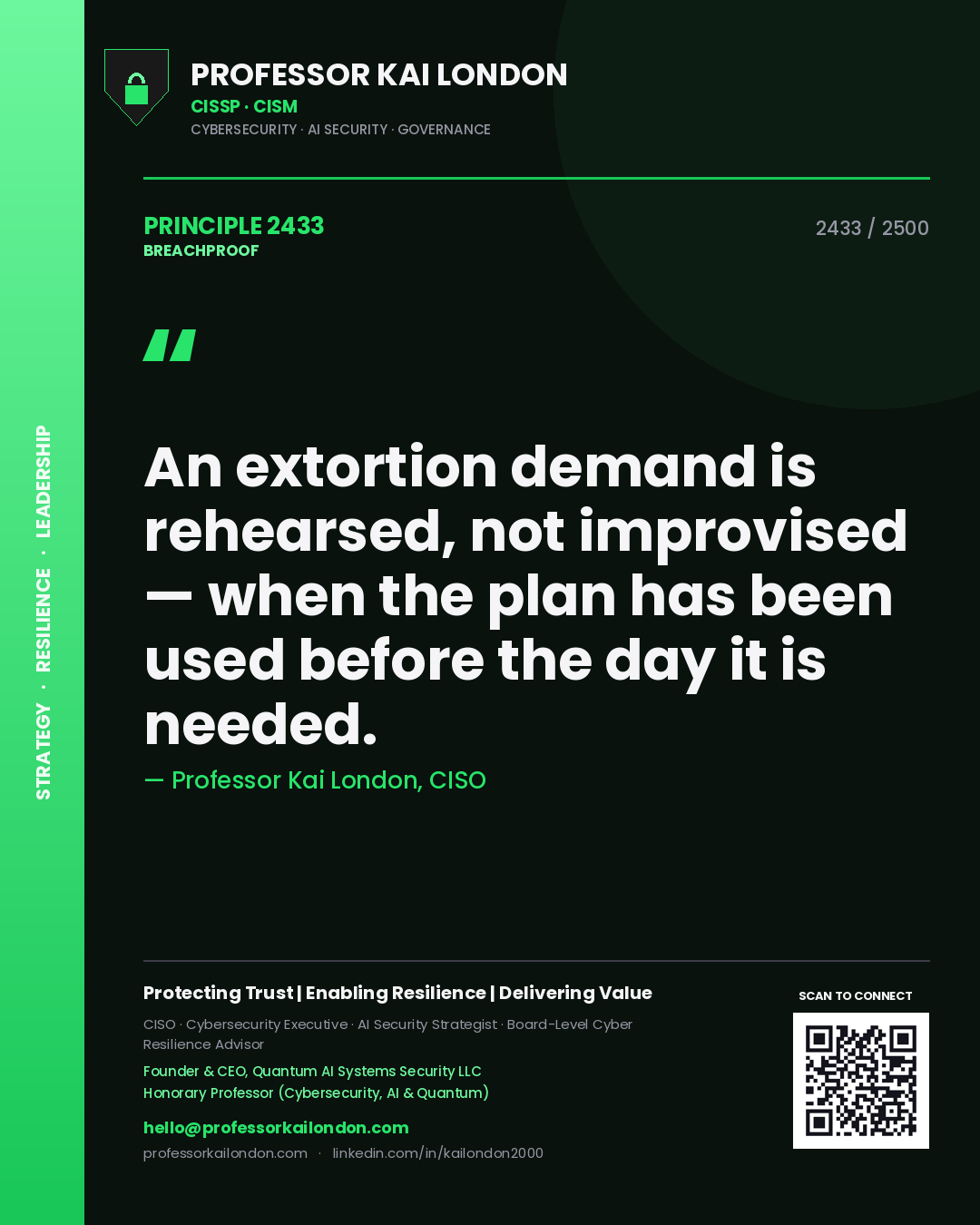 Quote card by Professor Kai London reading 'An extortion demand is rehearsed, not improvised — when the plan has been used before the day it is needed.'. From the book Breachproof.