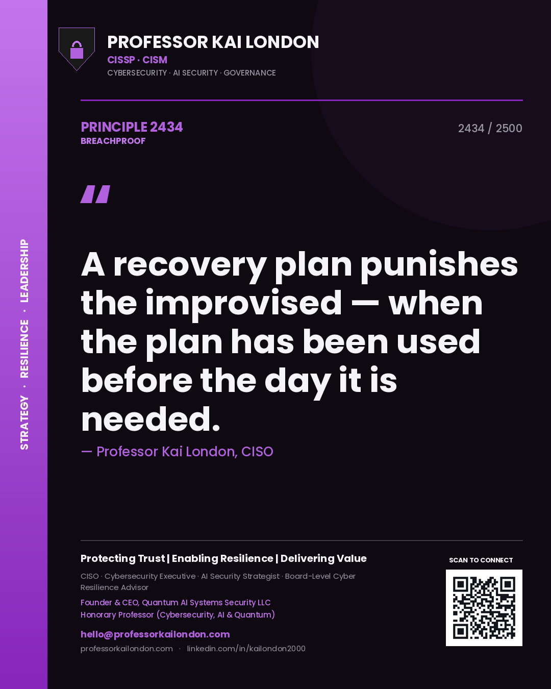 Quote card by Professor Kai London reading 'A recovery plan punishes the improvised — when the plan has been used before the day it is needed.'. From the book Breachproof.