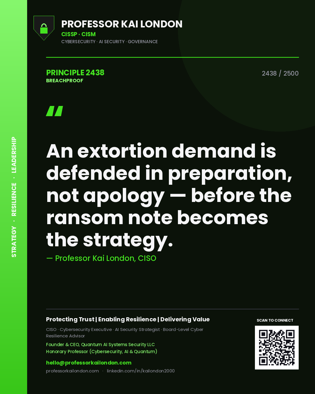 Professor Kai London principle 2438: An extortion demand is defended in preparation, not apology — before the ransom note becomes the strategy.