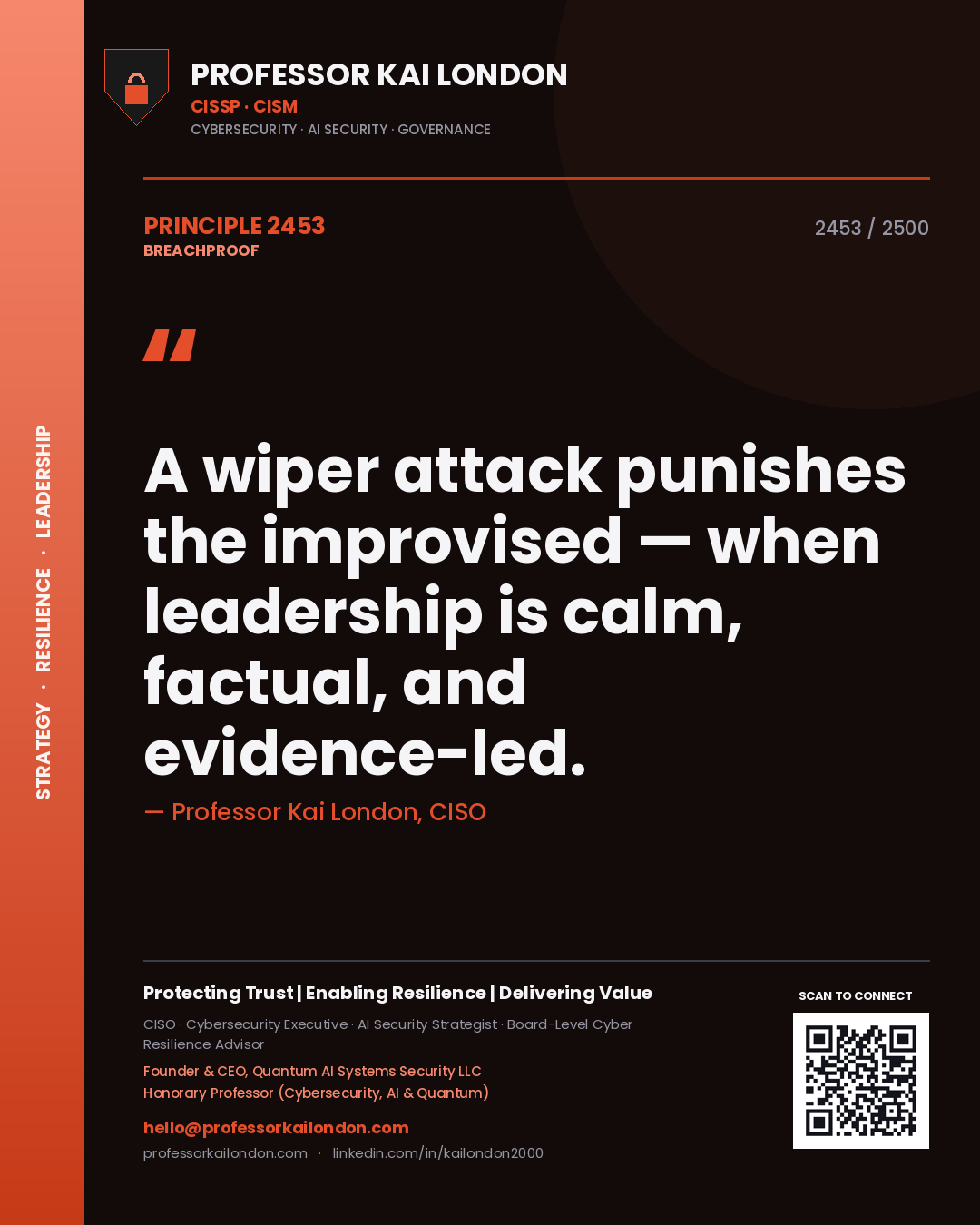 Quote card by Professor Kai London reading 'A wiper attack punishes the improvised — when leadership is calm, factual, and evidence-led.'. From the book Breachproof.