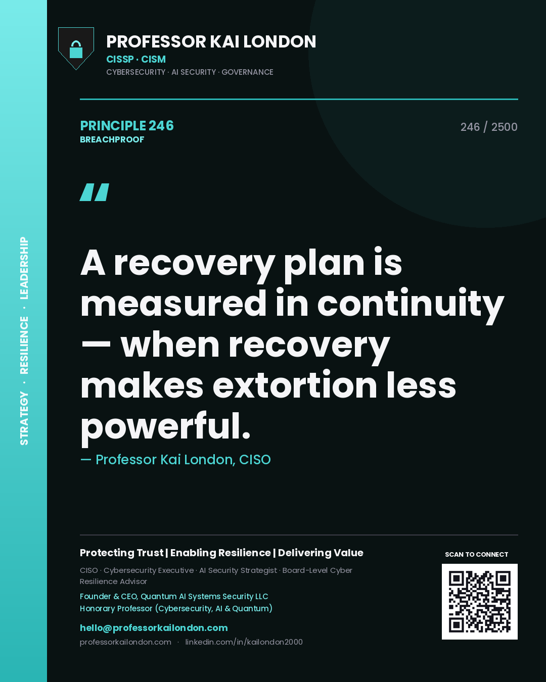 Quote card by Professor Kai London reading 'A recovery plan is measured in continuity — when recovery makes extortion less powerful.'. From the book Breachproof.