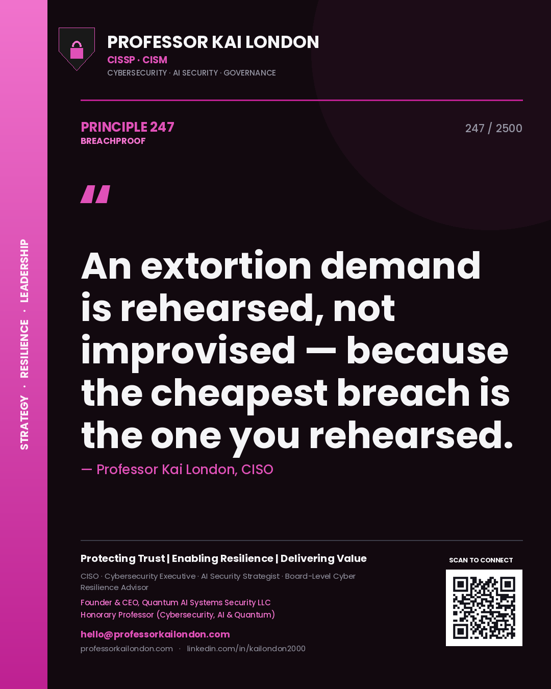 Quote card by Professor Kai London reading 'An extortion demand is rehearsed, not improvised — because the cheapest breach is the one you rehearsed.'. From the book Breachproof.