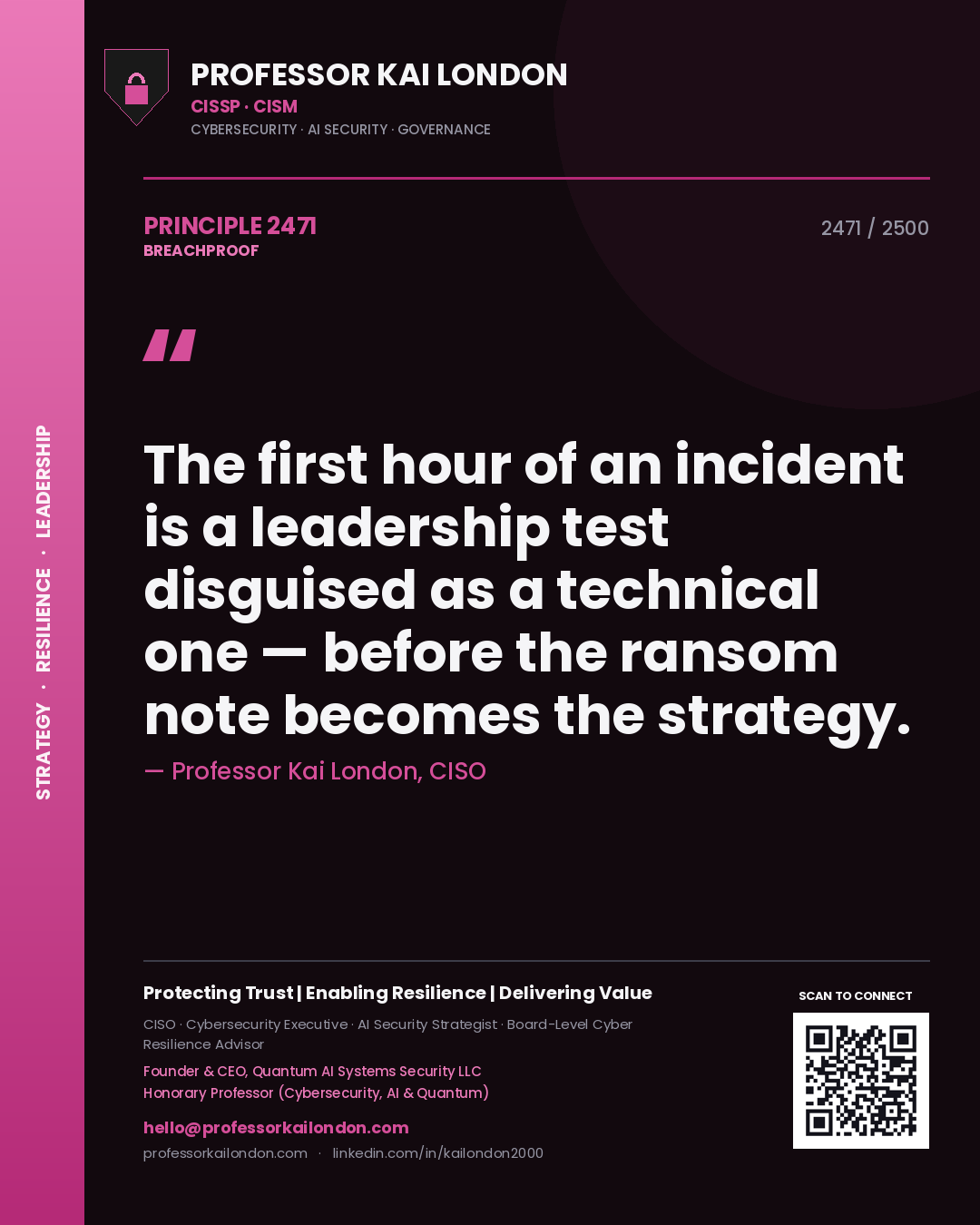 Quote card by Professor Kai London reading 'The first hour of an incident is a leadership test disguised as a technical one — before the ransom note becomes the strategy.'. From the book Breachproof.