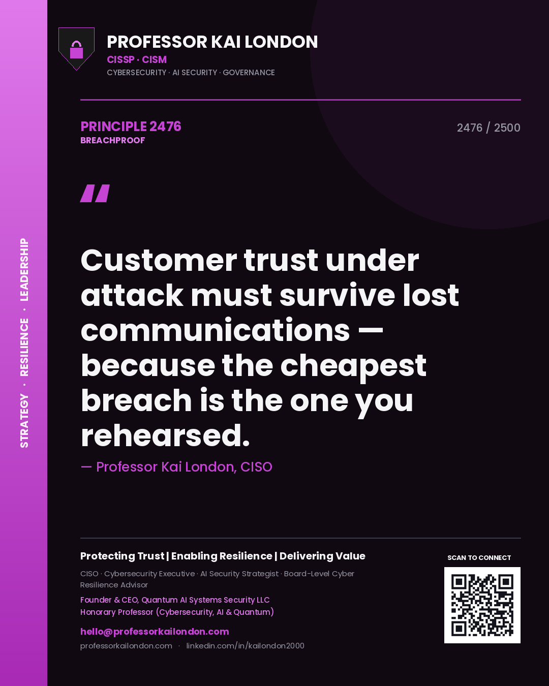 Quote card by Professor Kai London reading 'Customer trust under attack must survive lost communications — because the cheapest breach is the one you rehearsed.'. From the book Breachproof.