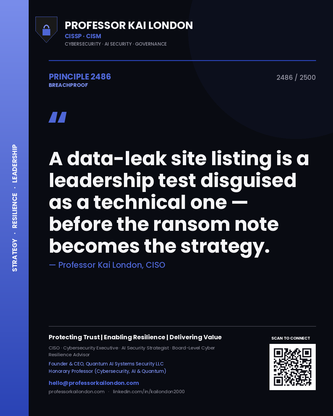 Quote card by Professor Kai London reading 'A data-leak site listing is a leadership test disguised as a technical one — before the ransom note becomes the strategy.'. From the book Breachproof.