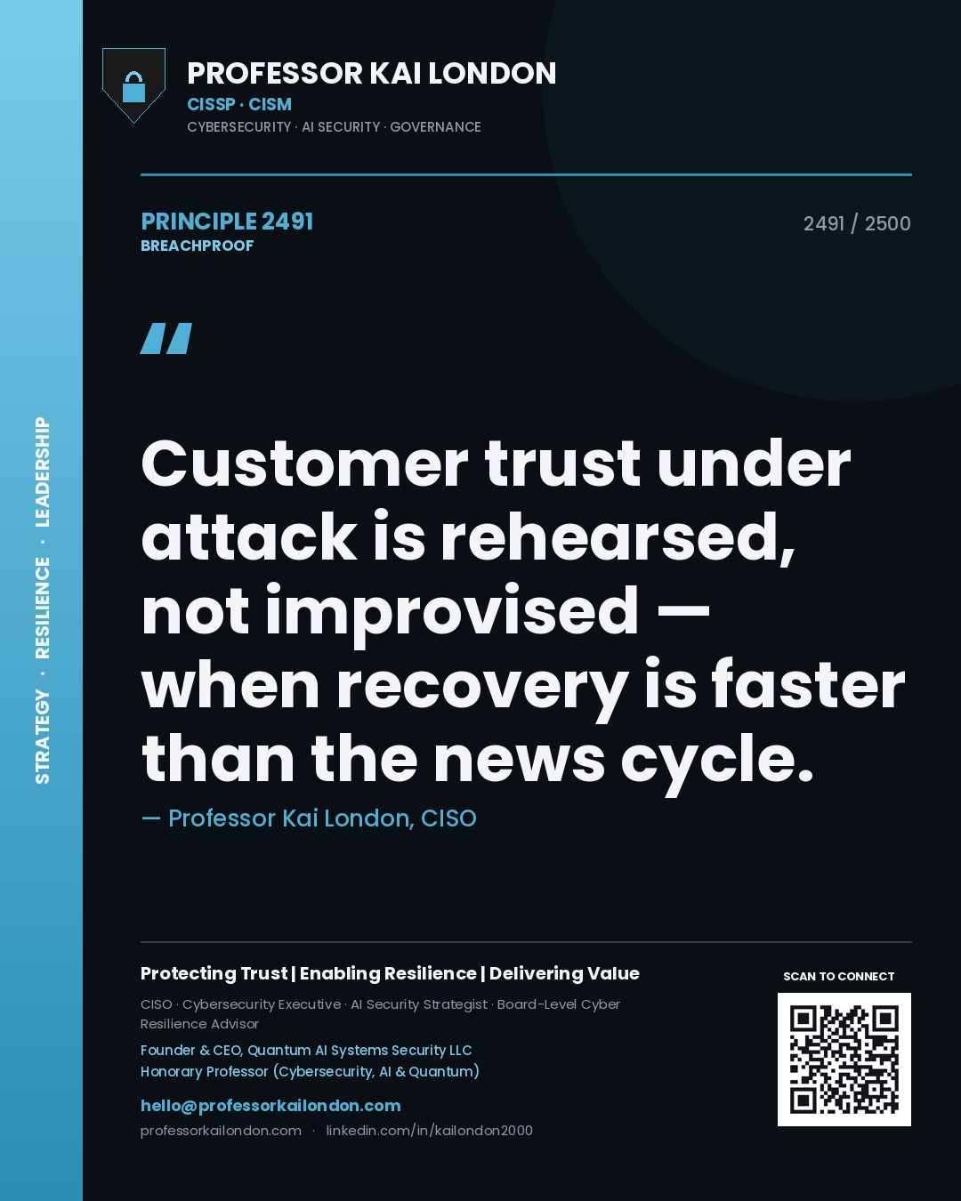 Quote card by Professor Kai London reading 'Customer trust under attack is rehearsed, not improvised — when recovery is faster than the news cycle.'. From the book Breachproof.