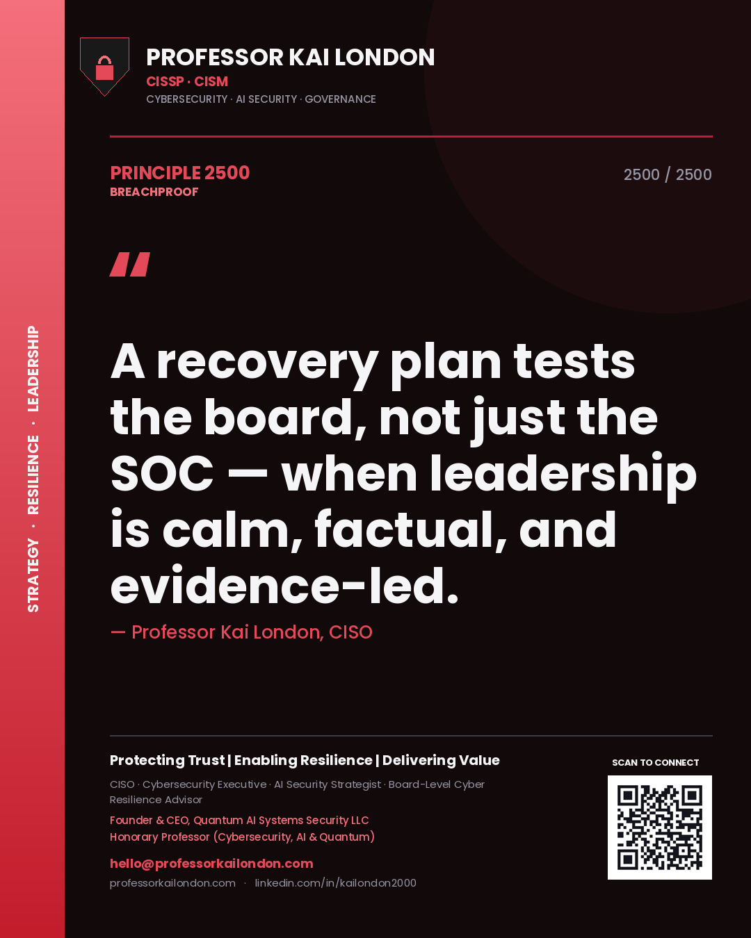 Professor Kai London principle 2500: A recovery plan tests the board, not just the SOC — when leadership is calm, factual, and evidence-led.
