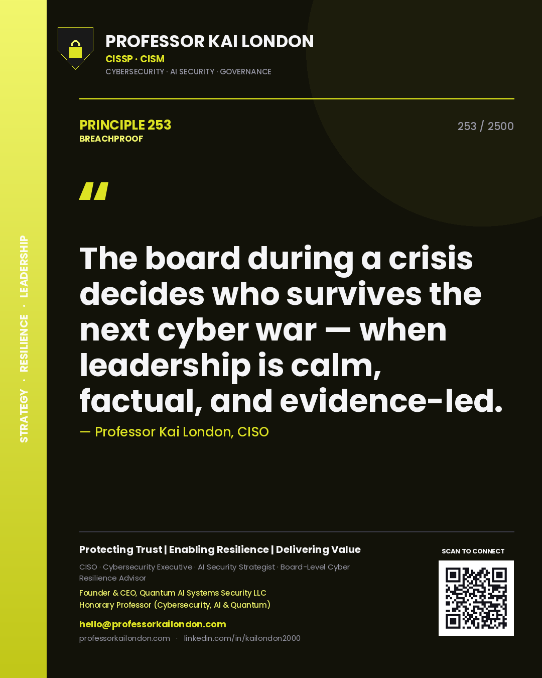 Quote card by Professor Kai London reading 'The board during a crisis decides who survives the next cyber war — when leadership is calm, factual, and evidence-led.'. From the book Breachproof.