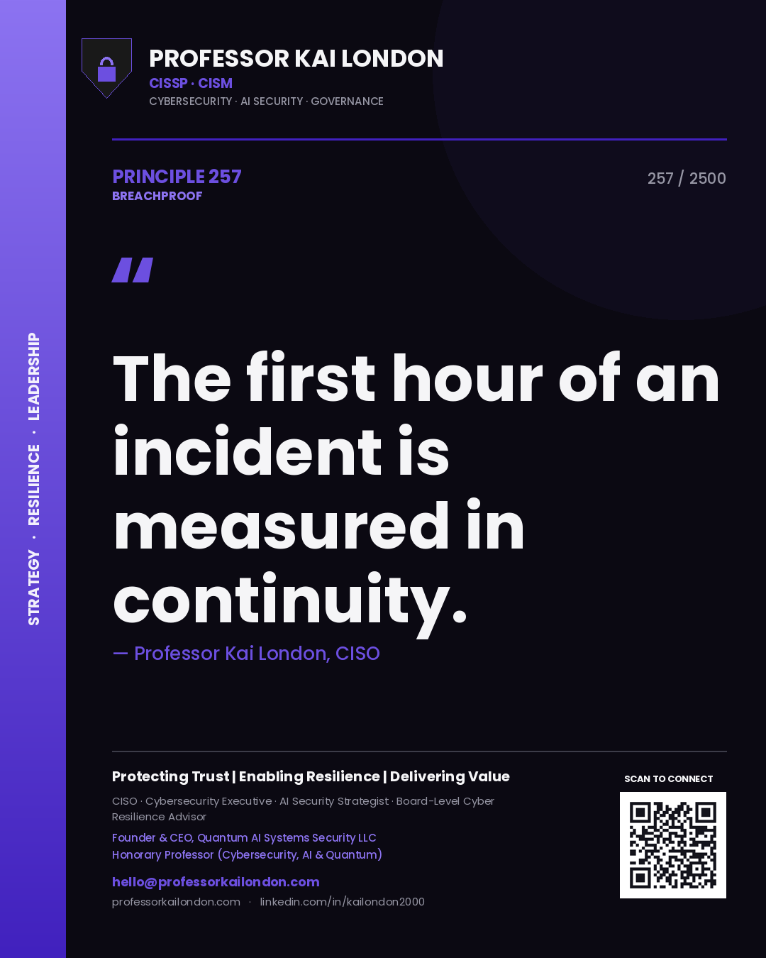 Quote card by Professor Kai London reading 'The first hour of an incident is measured in continuity.'. From the book Breachproof.
