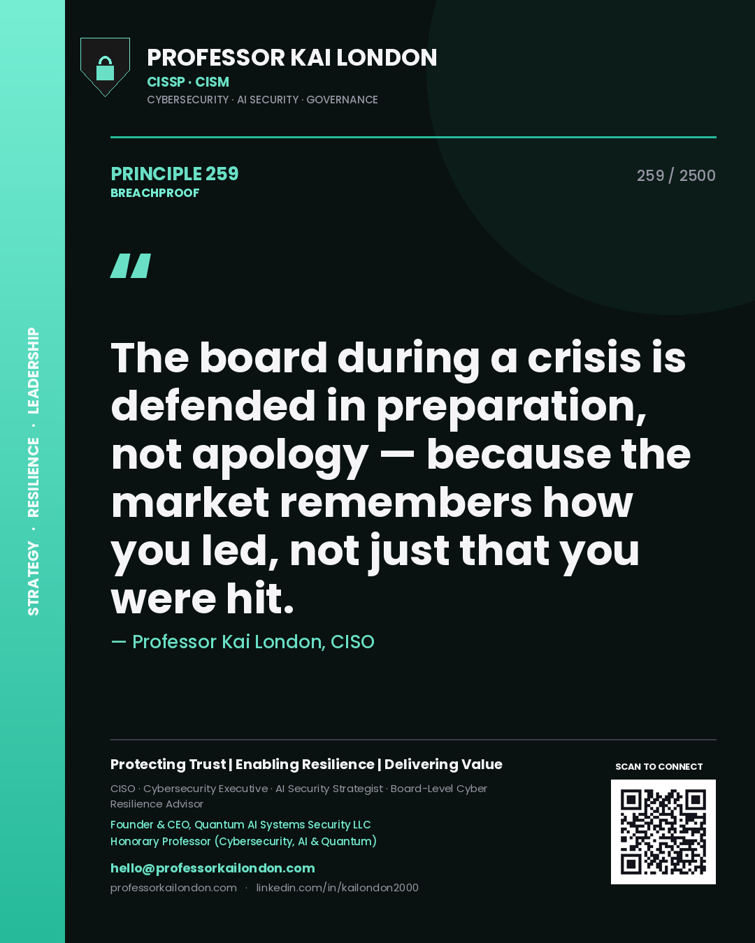 Quote card by Professor Kai London reading 'The board during a crisis is defended in preparation, not apology — because the market remembers how you led, not just that you were hit.'. From the book Breachproof.