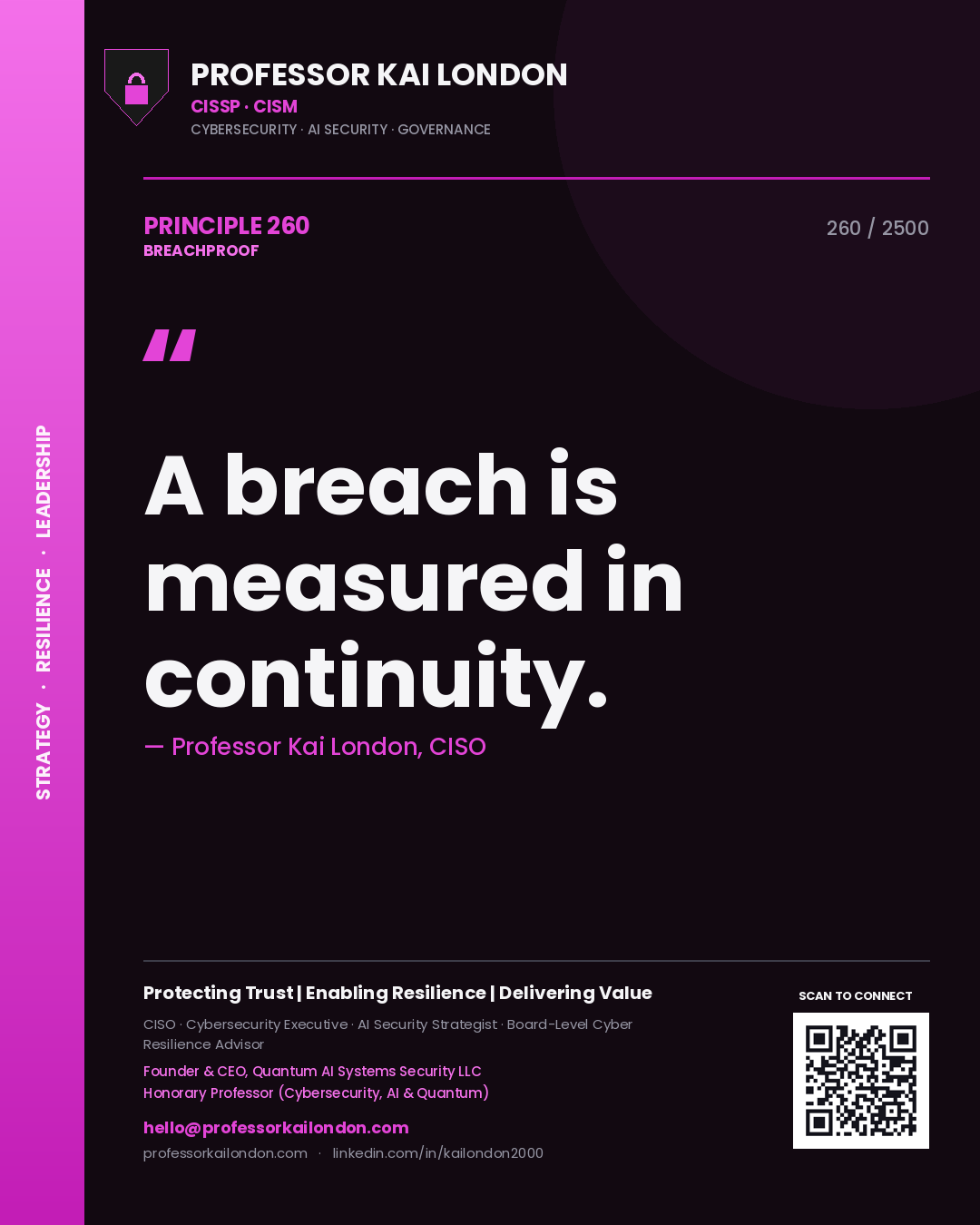 Quote card by Professor Kai London reading 'A breach is measured in continuity.'. From the book Breachproof.