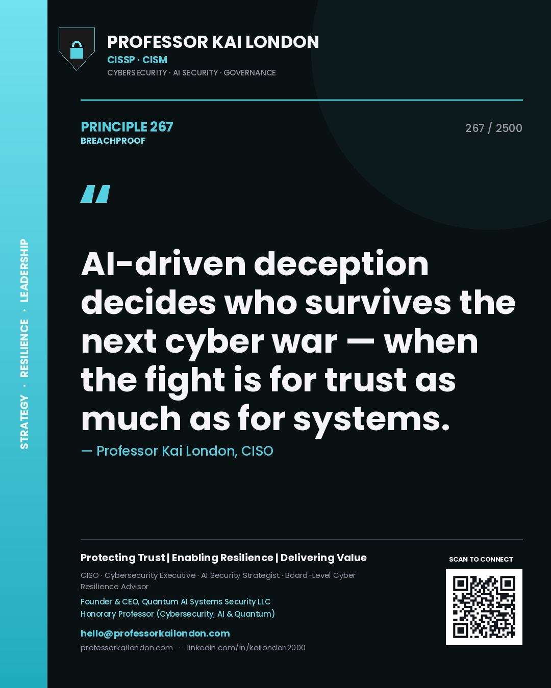 Quote card by Professor Kai London reading 'AI-driven deception decides who survives the next cyber war — when the fight is for trust as much as for systems.'. From the book Breachproof.