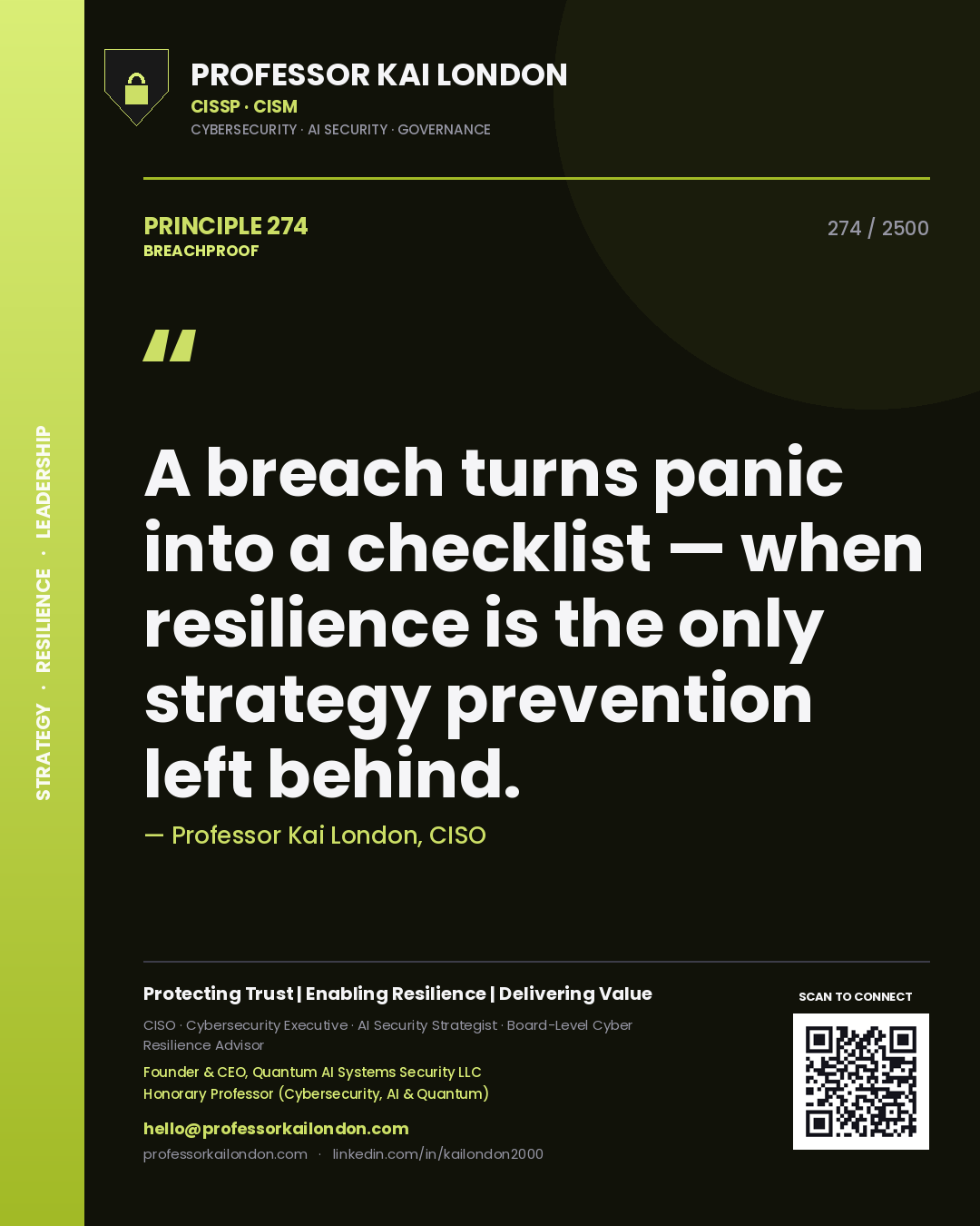 Quote card by Professor Kai London reading 'A breach turns panic into a checklist — when resilience is the only strategy prevention left behind.'. From the book Breachproof.