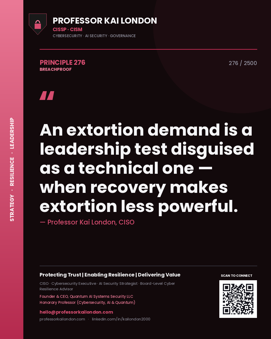 Quote card by Professor Kai London reading 'An extortion demand is a leadership test disguised as a technical one — when recovery makes extortion less powerful.'. From the book Breachproof.