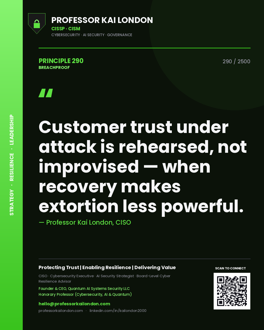 Quote card by Professor Kai London reading 'Customer trust under attack is rehearsed, not improvised — when recovery makes extortion less powerful.'. From the book Breachproof.