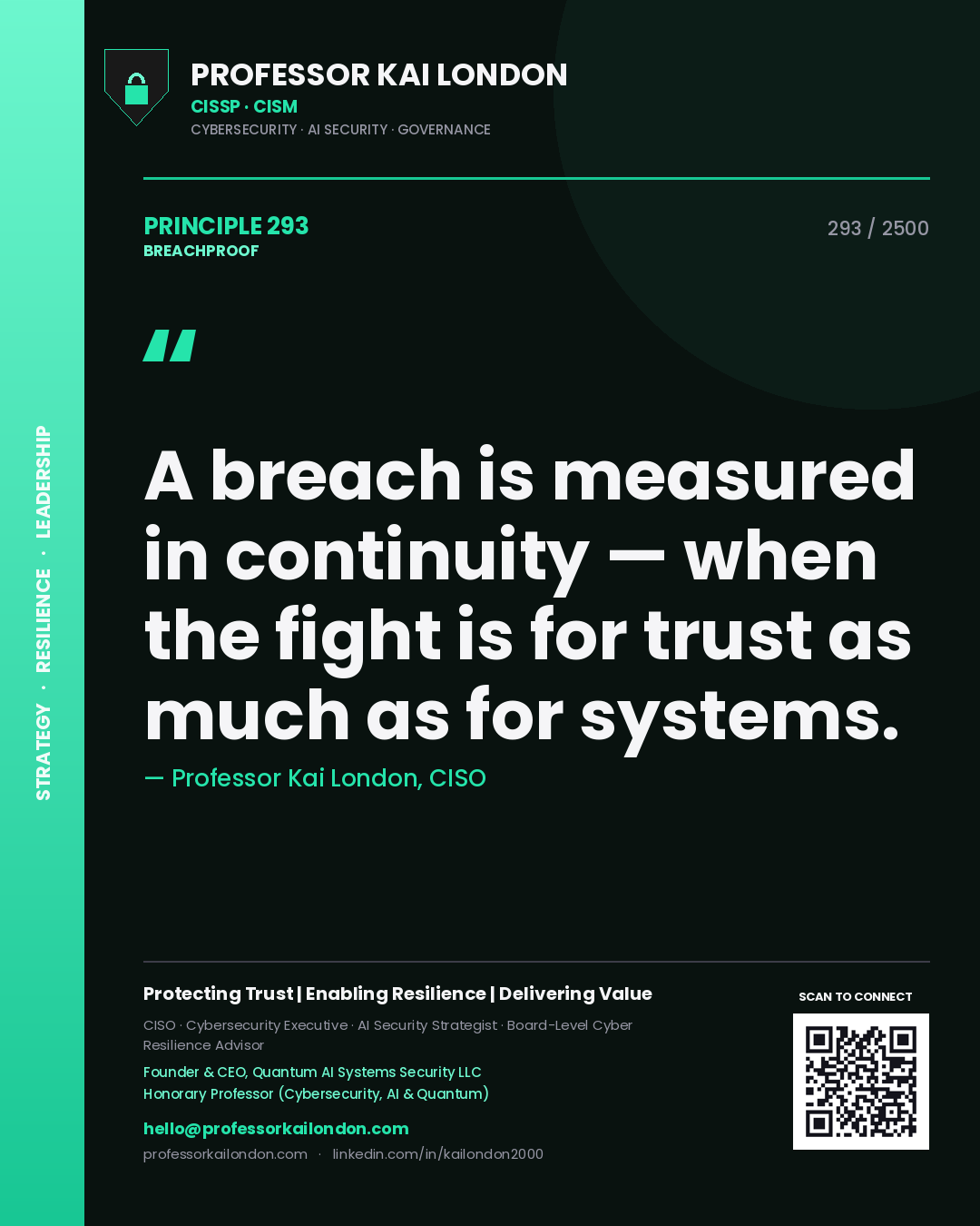 Quote card by Professor Kai London reading 'A breach is measured in continuity — when the fight is for trust as much as for systems.'. From the book Breachproof.