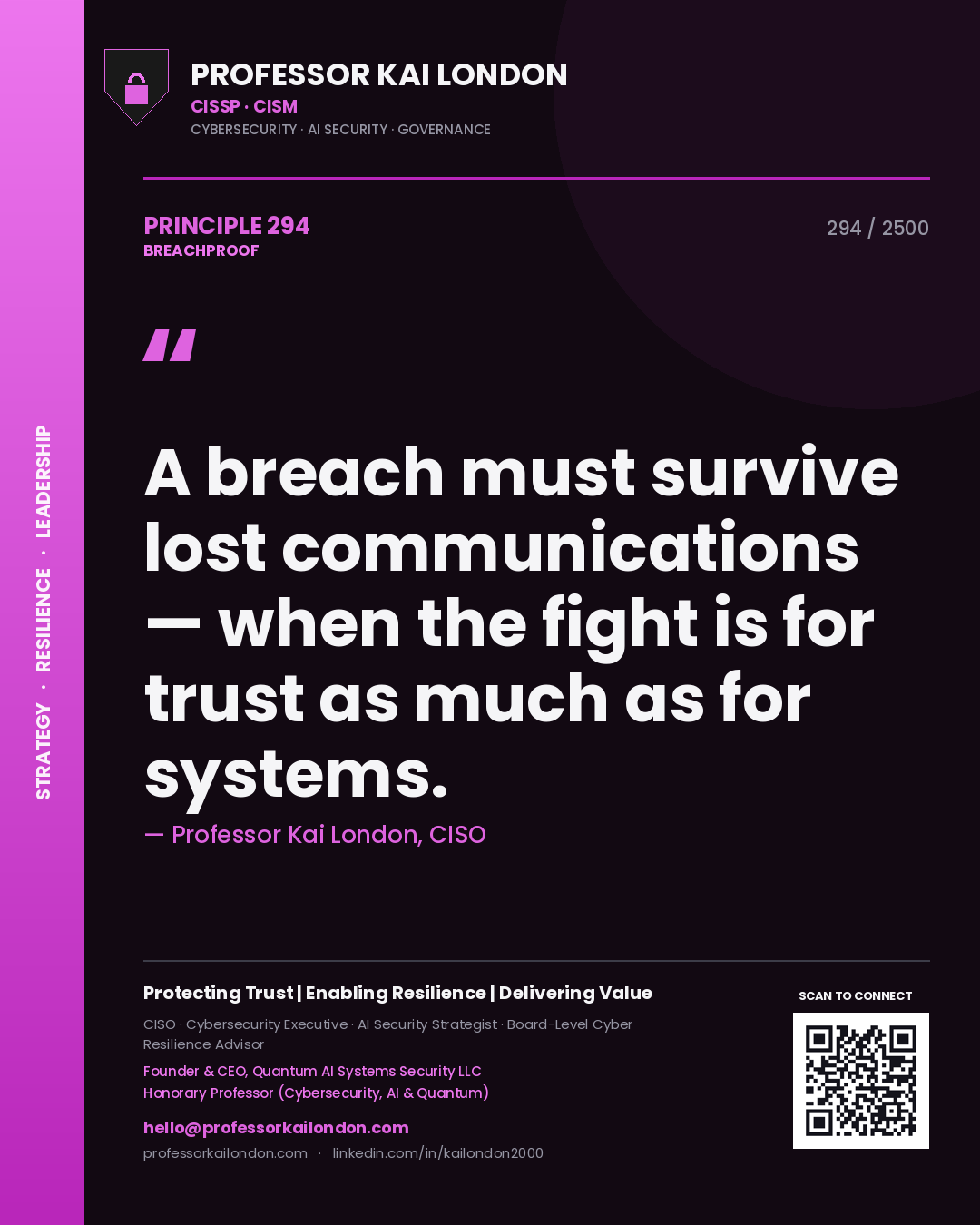 Quote card by Professor Kai London reading 'A breach must survive lost communications — when the fight is for trust as much as for systems.'. From the book Breachproof.