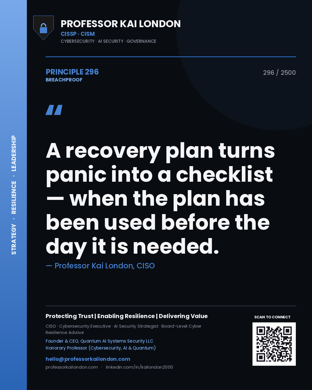Quote card by Professor Kai London reading 'A recovery plan turns panic into a checklist — when the plan has been used before the day it is needed.'. From the book Breachproof.