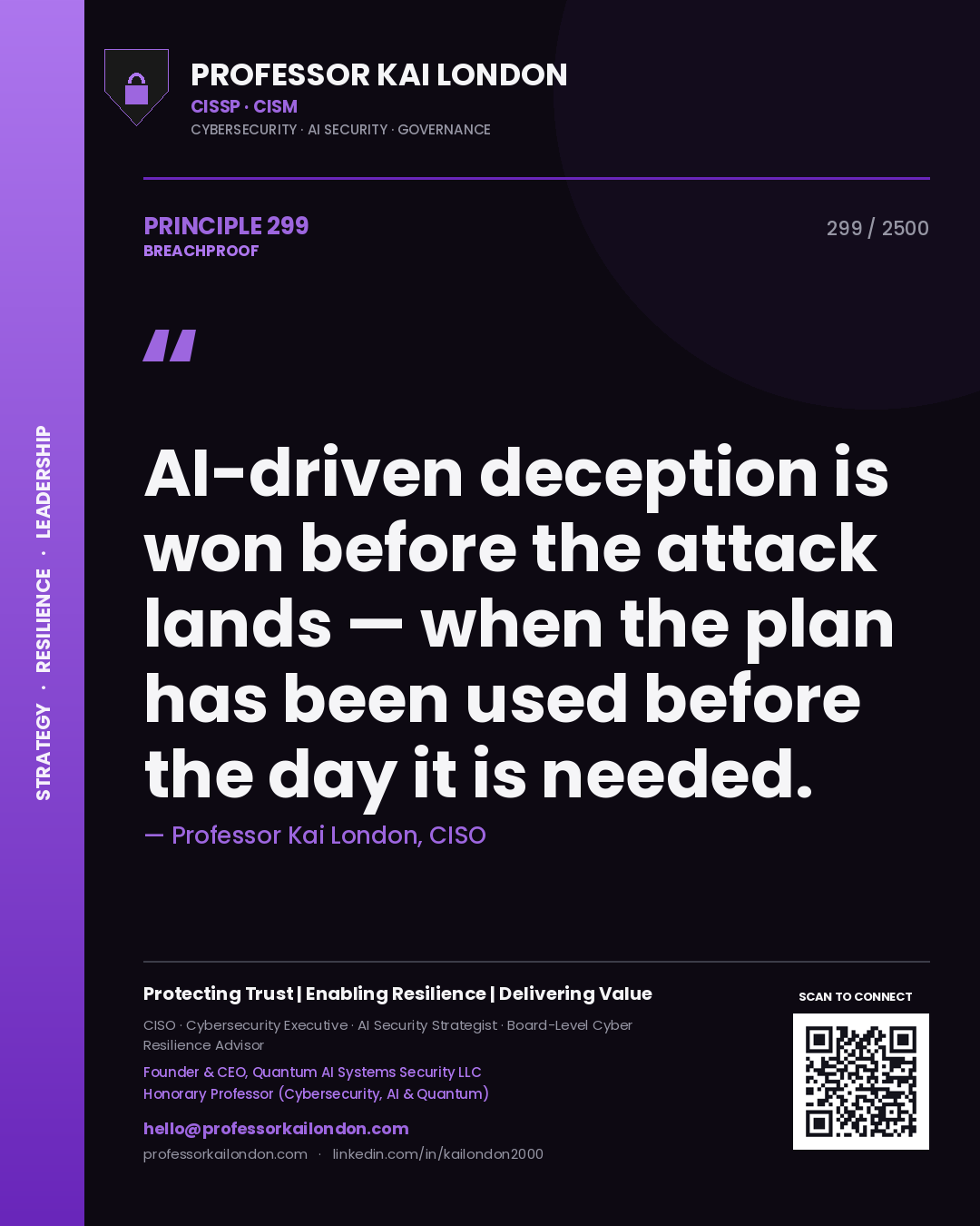Quote card by Professor Kai London reading 'AI-driven deception is won before the attack lands — when the plan has been used before the day it is needed.'. From the book Breachproof.