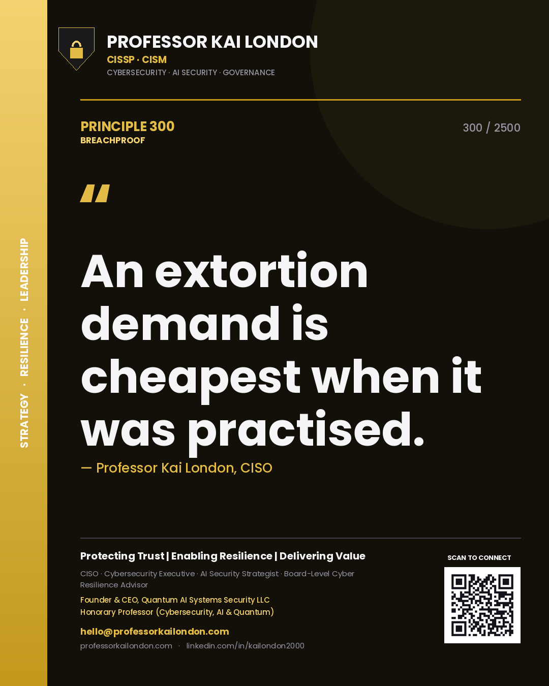 Quote card by Professor Kai London reading 'An extortion demand is cheapest when it was practised.'. From the book Breachproof.