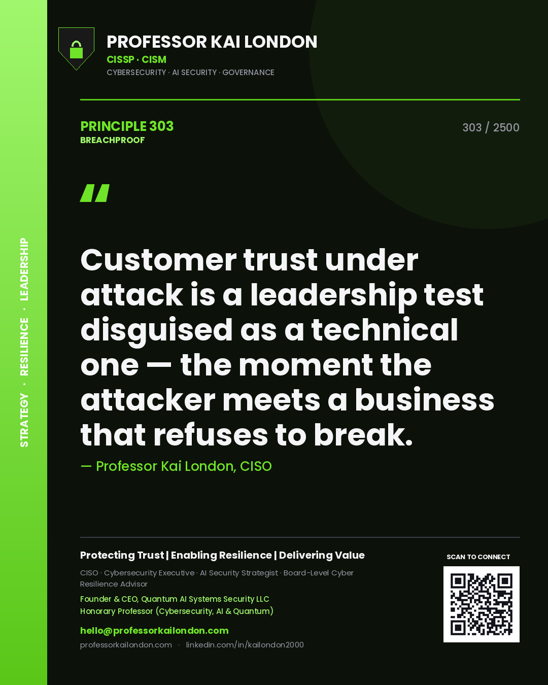 Quote card by Professor Kai London reading 'Customer trust under attack is a leadership test disguised as a technical one — the moment the attacker meets a business that refuses to break.'. From the book Breachproof.
