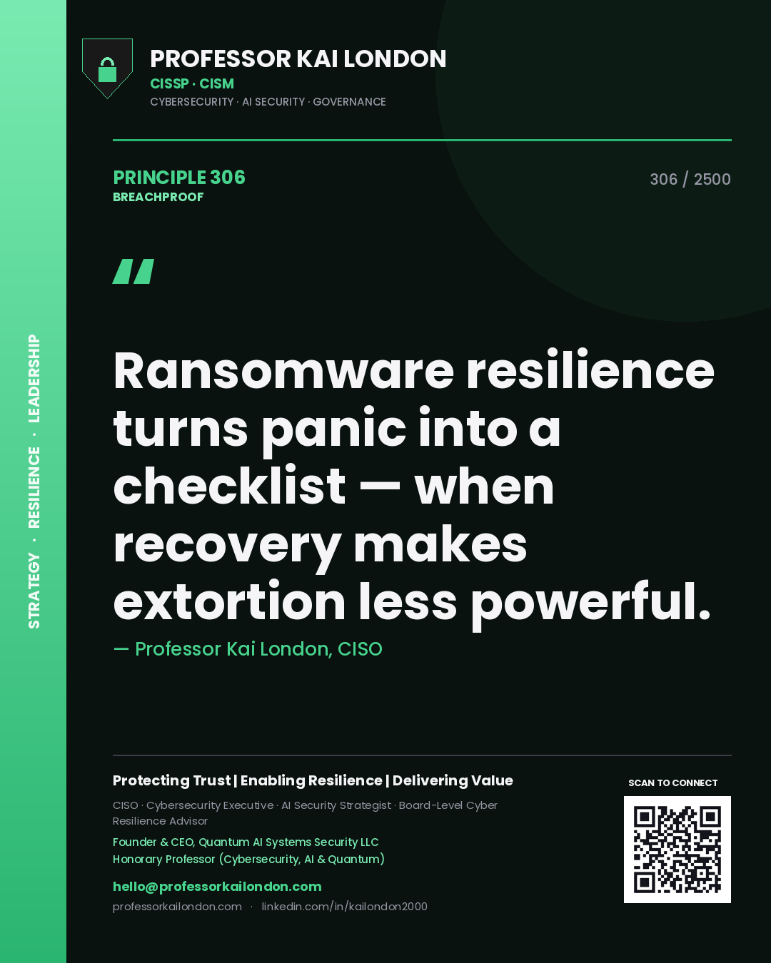 Quote card by Professor Kai London reading 'Ransomware resilience turns panic into a checklist — when recovery makes extortion less powerful.'. From the book Breachproof.