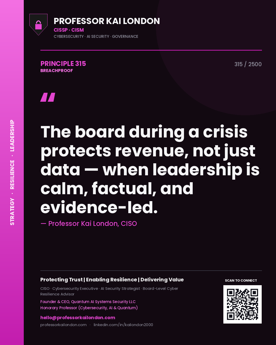 Quote card by Professor Kai London reading 'The board during a crisis protects revenue, not just data — when leadership is calm, factual, and evidence-led.'. From the book Breachproof.