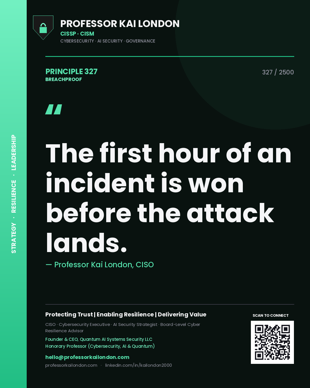 Quote card by Professor Kai London reading 'The first hour of an incident is won before the attack lands.'. From the book Breachproof.