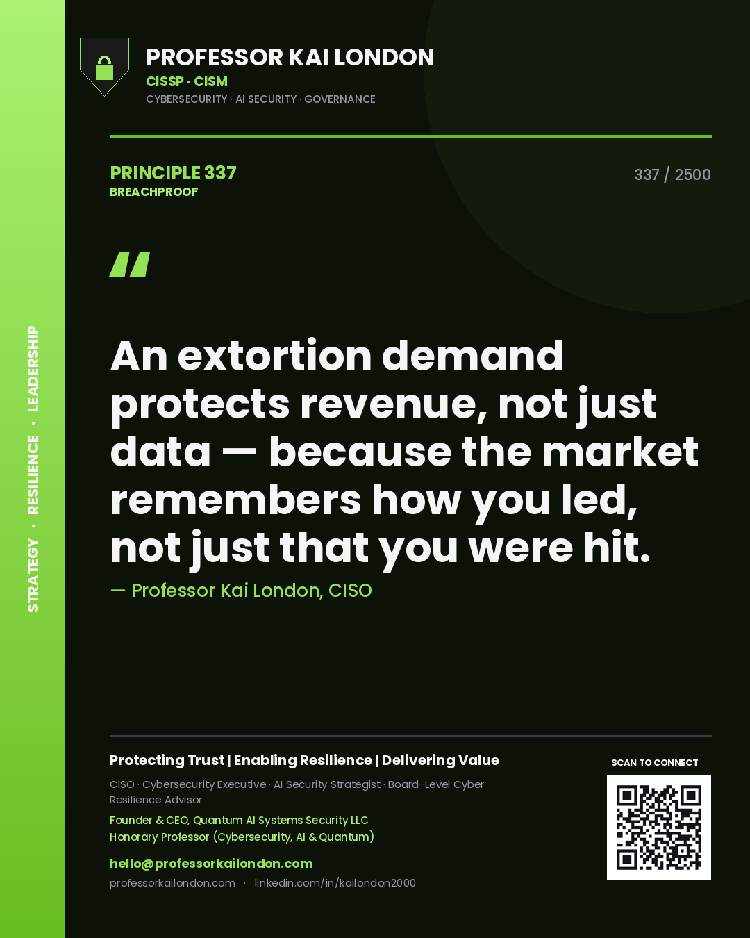 Quote card by Professor Kai London reading 'An extortion demand protects revenue, not just data — because the market remembers how you led, not just that you were hit.'. From the book Breachproof.