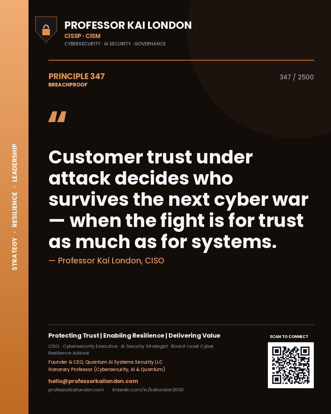 Quote card by Professor Kai London reading 'Customer trust under attack decides who survives the next cyber war — when the fight is for trust as much as for systems.'. From the book Breachproof.