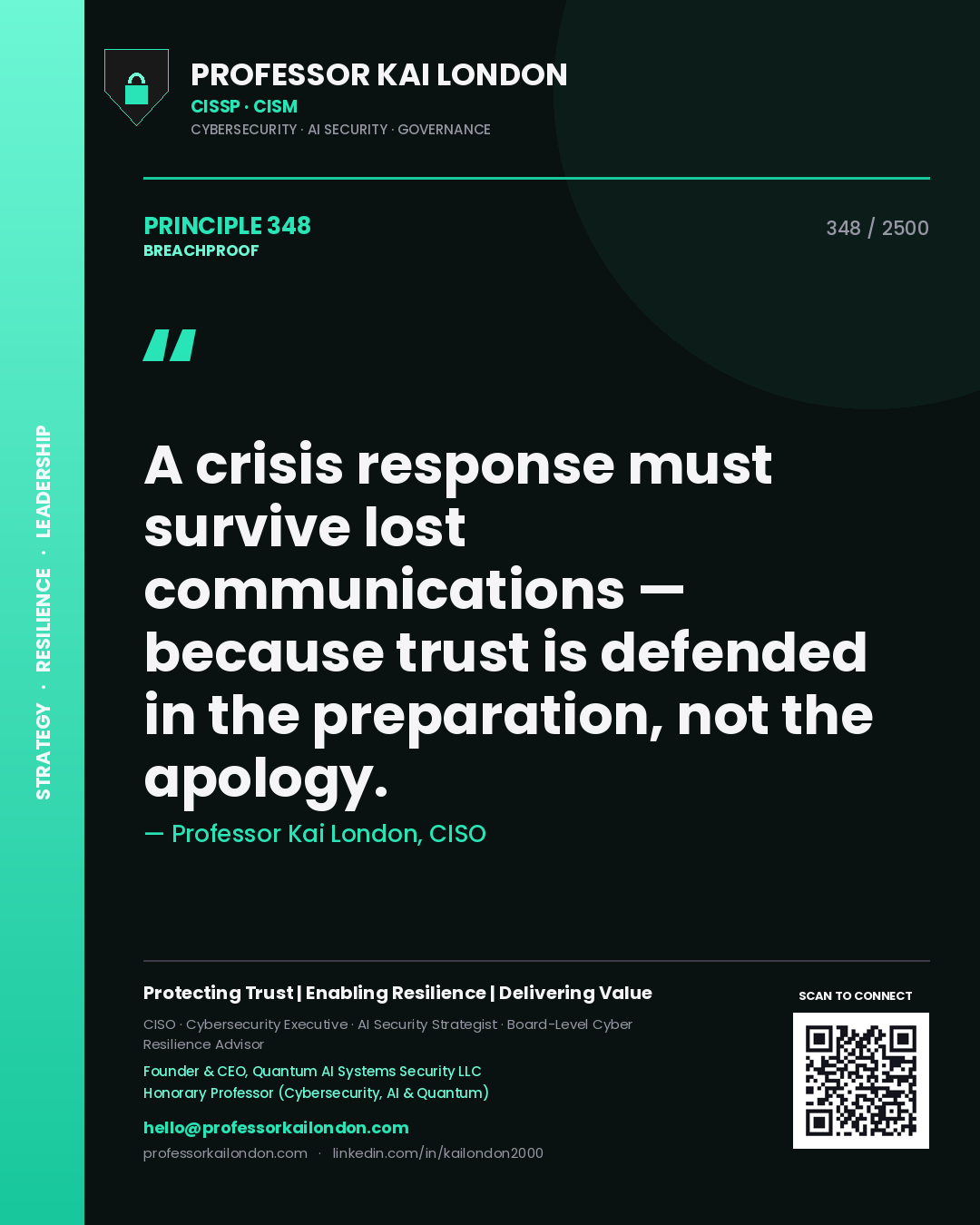 Quote card by Professor Kai London reading 'A crisis response must survive lost communications — because trust is defended in the preparation, not the apology.'. From the book Breachproof.