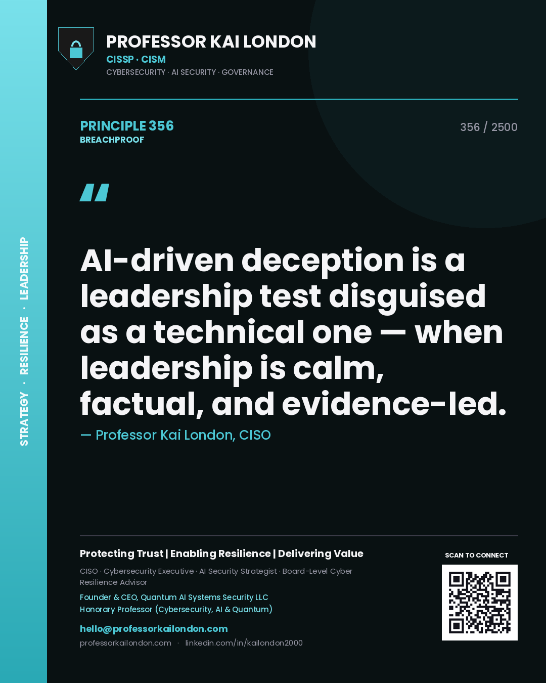Quote card by Professor Kai London reading 'AI-driven deception is a leadership test disguised as a technical one — when leadership is calm, factual, and evidence-led.'. From the book Breachproof.