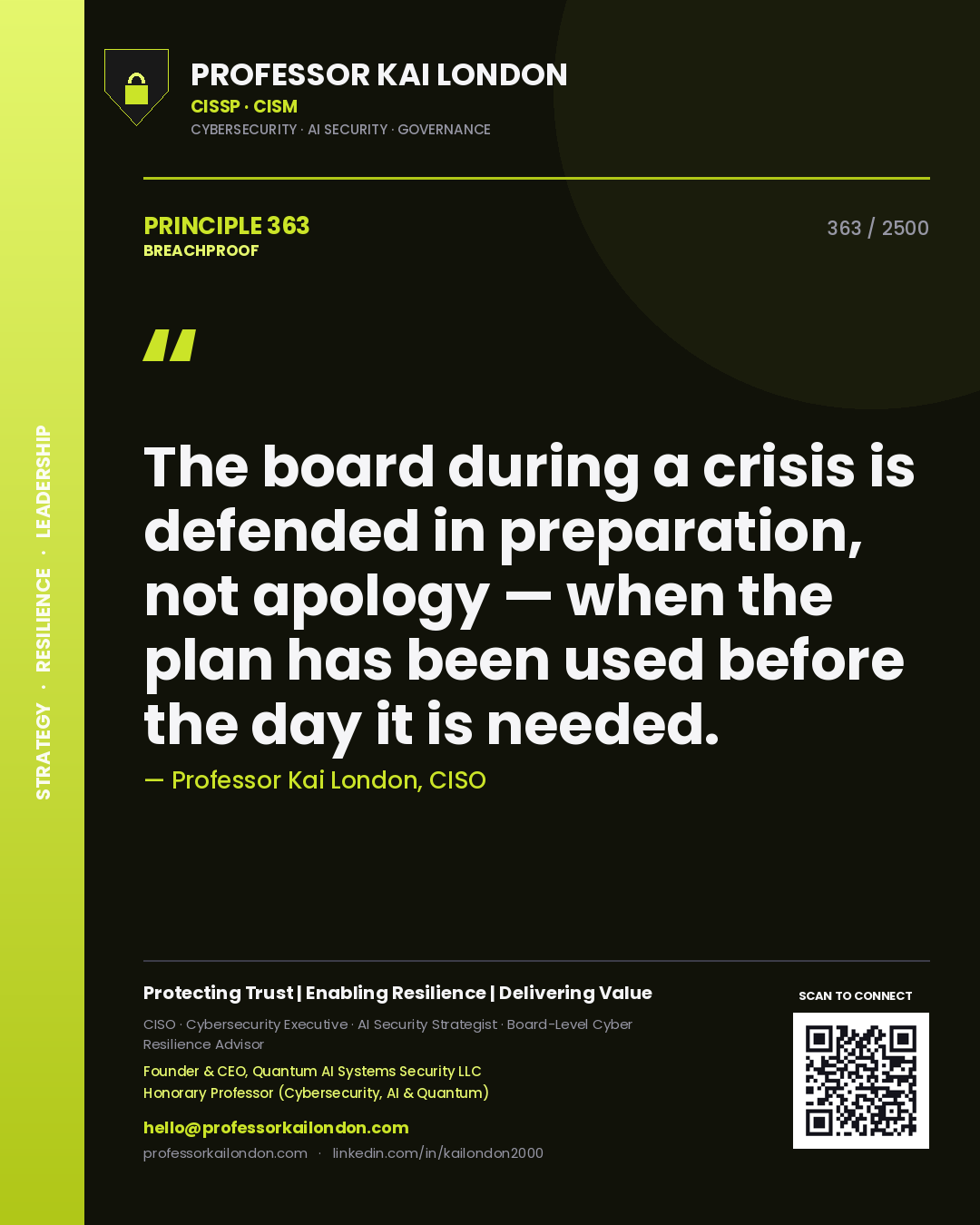 Quote card by Professor Kai London reading 'The board during a crisis is defended in preparation, not apology — when the plan has been used before the day it is needed.'. From the book Breachproof.