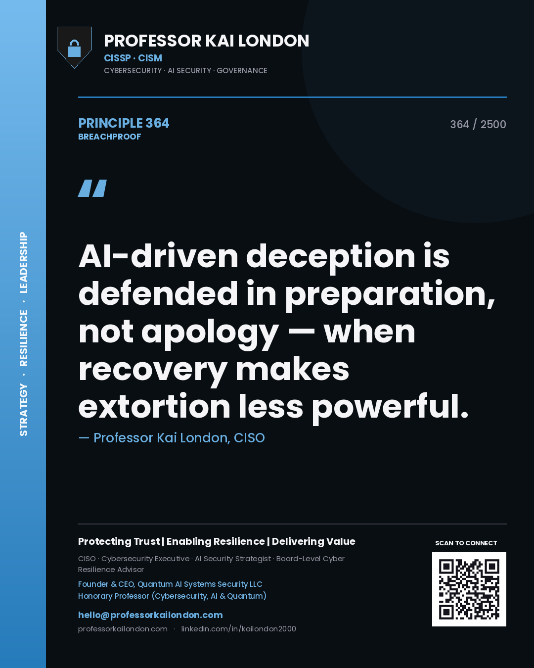 Quote card by Professor Kai London reading 'AI-driven deception is defended in preparation, not apology — when recovery makes extortion less powerful.'. From the book Breachproof.