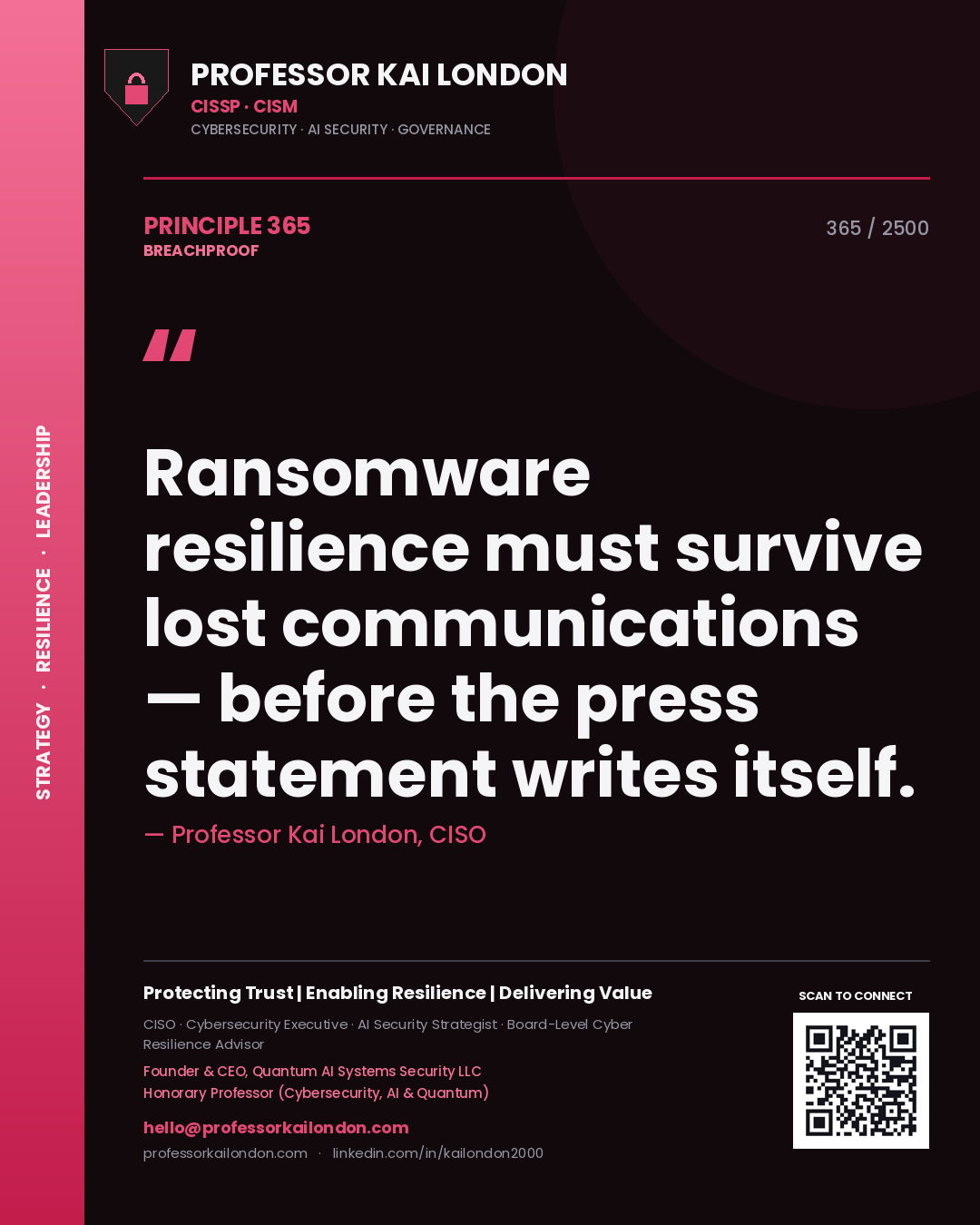 Quote card by Professor Kai London reading 'Ransomware resilience must survive lost communications — before the press statement writes itself.'. From the book Breachproof.