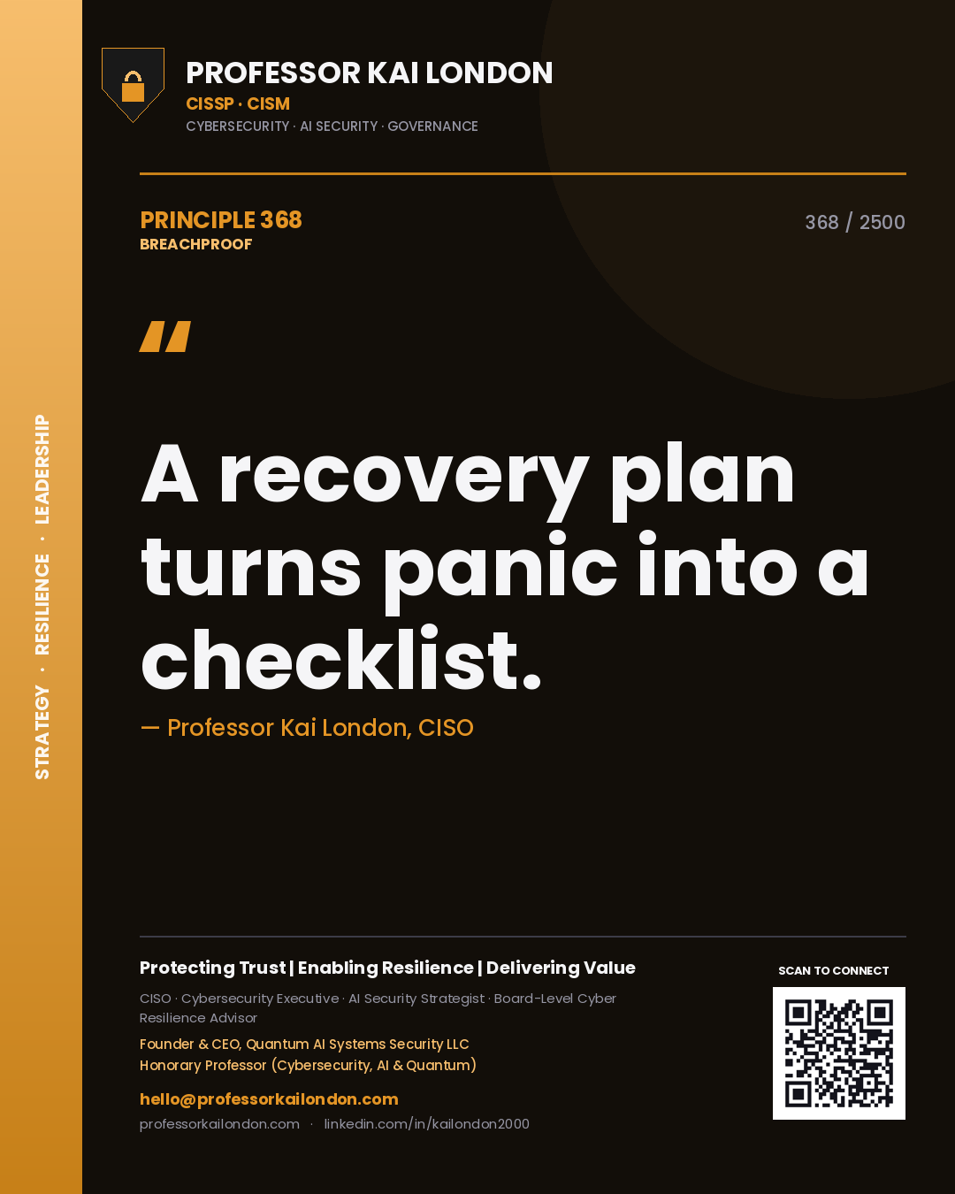 Quote card by Professor Kai London reading 'A recovery plan turns panic into a checklist.'. From the book Breachproof.