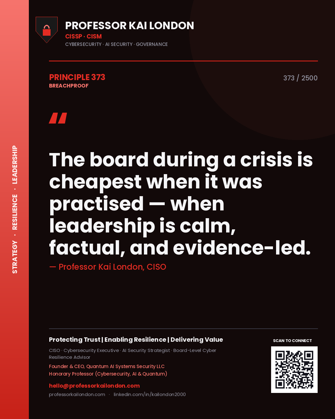 Quote card by Professor Kai London reading 'The board during a crisis is cheapest when it was practised — when leadership is calm, factual, and evidence-led.'. From the book Breachproof.