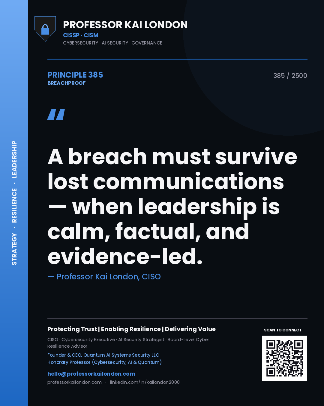 Quote card by Professor Kai London reading 'A breach must survive lost communications — when leadership is calm, factual, and evidence-led.'. From the book Breachproof.