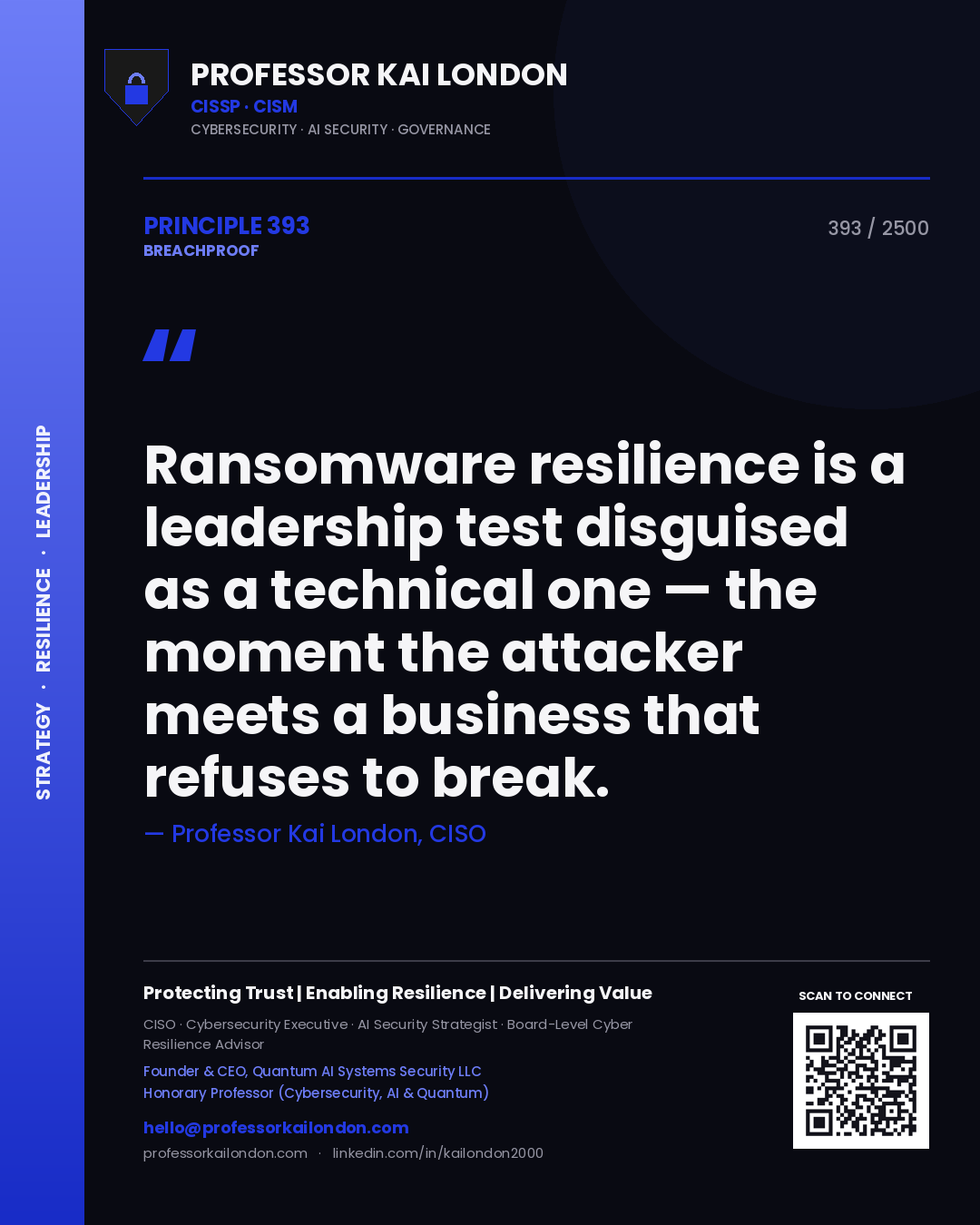 Quote card by Professor Kai London reading 'Ransomware resilience is a leadership test disguised as a technical one — the moment the attacker meets a business that refuses to break.'. From the book Breachproof.