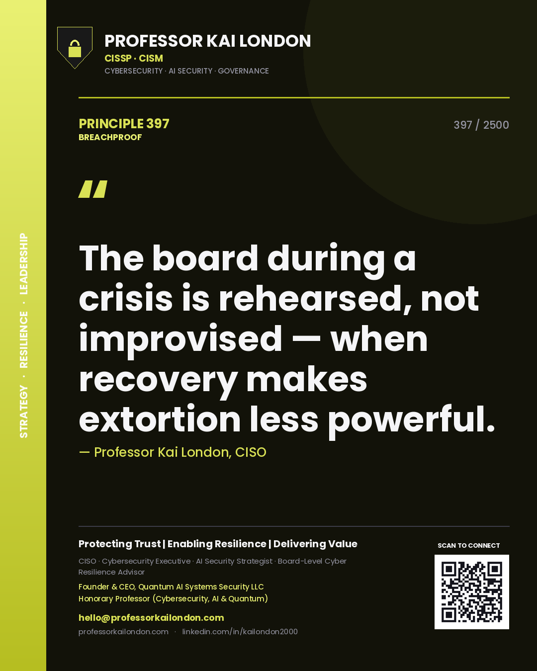 Quote card by Professor Kai London reading 'The board during a crisis is rehearsed, not improvised — when recovery makes extortion less powerful.'. From the book Breachproof.