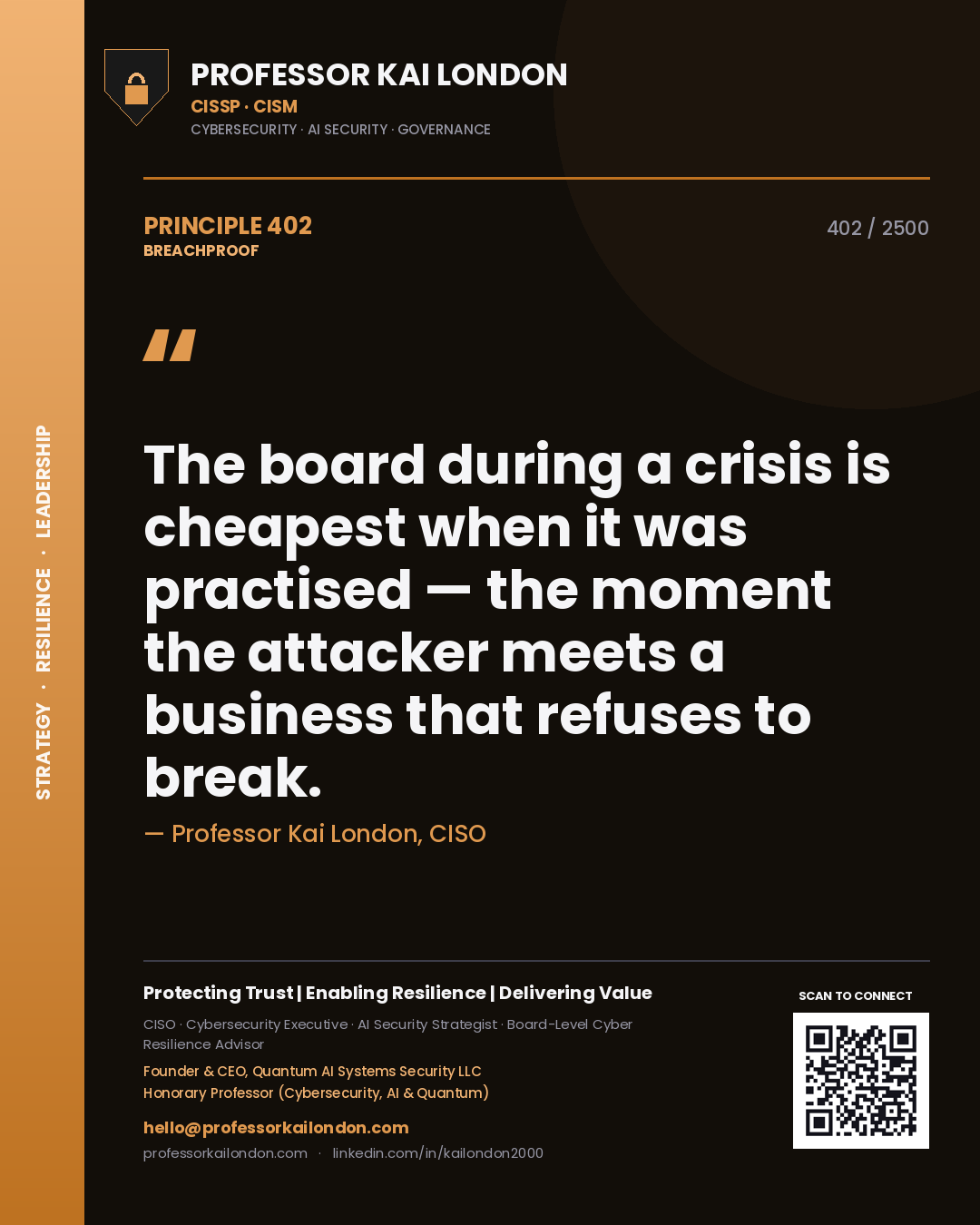 Quote card by Professor Kai London reading 'The board during a crisis is cheapest when it was practised — the moment the attacker meets a business that refuses to break.'. From the book Breachproof.