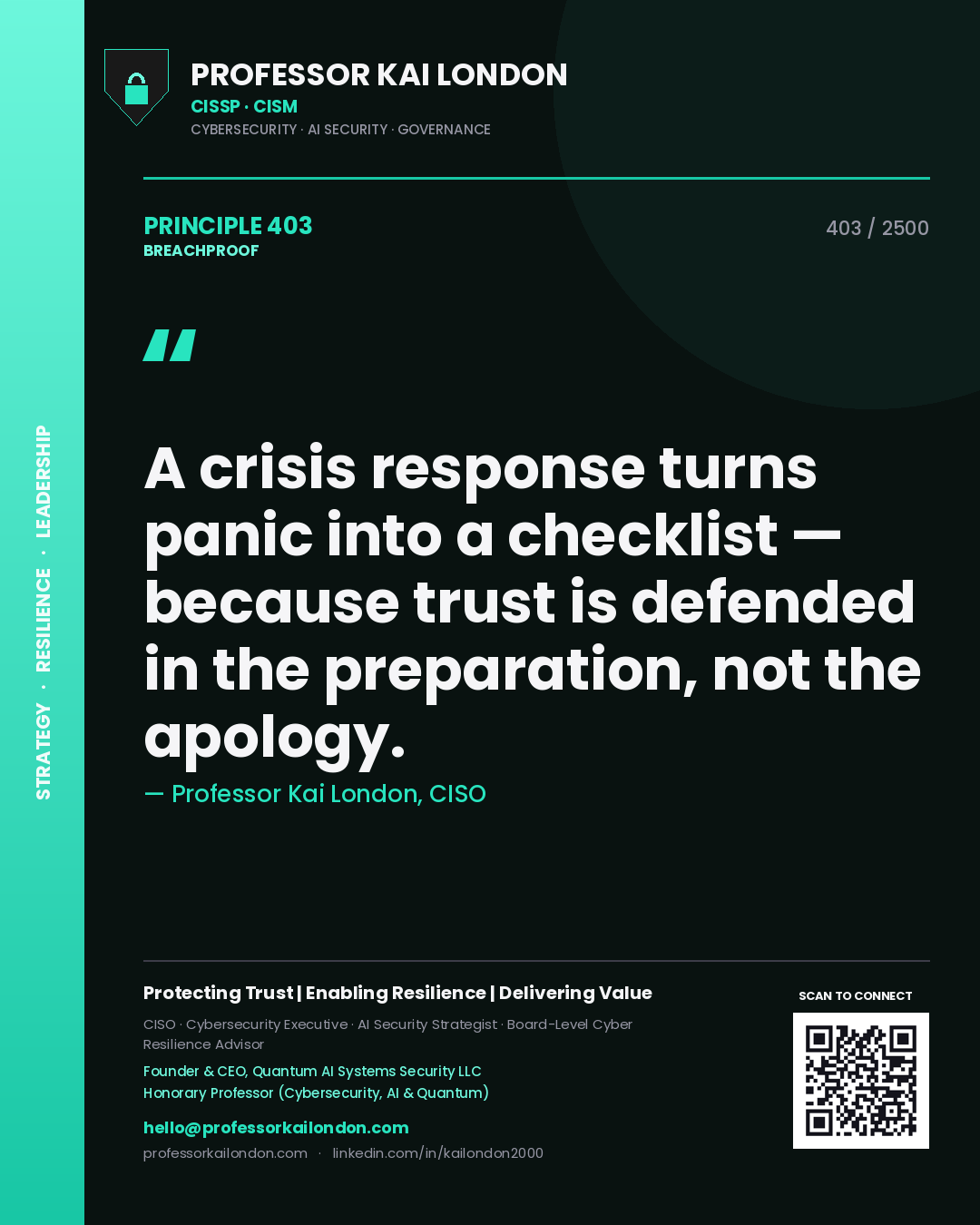 Quote card by Professor Kai London reading 'A crisis response turns panic into a checklist — because trust is defended in the preparation, not the apology.'. From the book Breachproof.