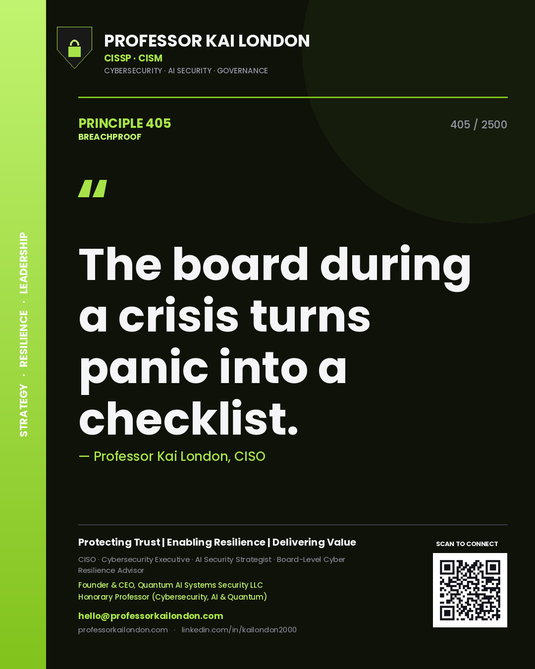 Quote card by Professor Kai London reading 'The board during a crisis turns panic into a checklist.'. From the book Breachproof.
