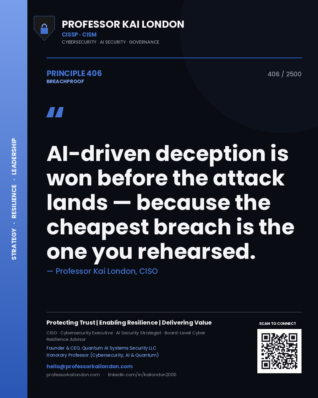 Professor Kai London principle 406: AI-driven deception is won before the attack lands — because the cheapest breach is the one you rehearsed.