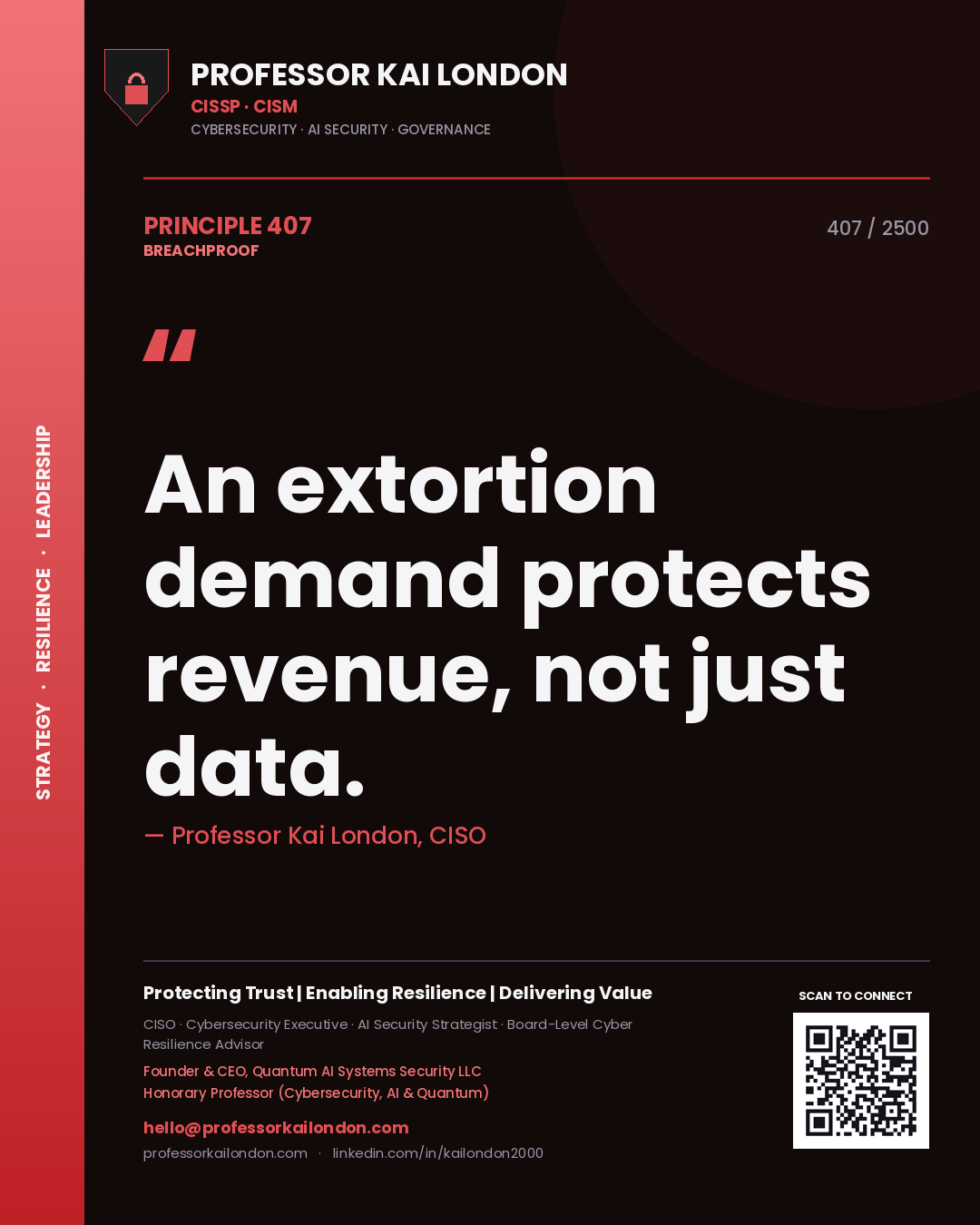 Quote card by Professor Kai London reading 'An extortion demand protects revenue, not just data.'. From the book Breachproof.
