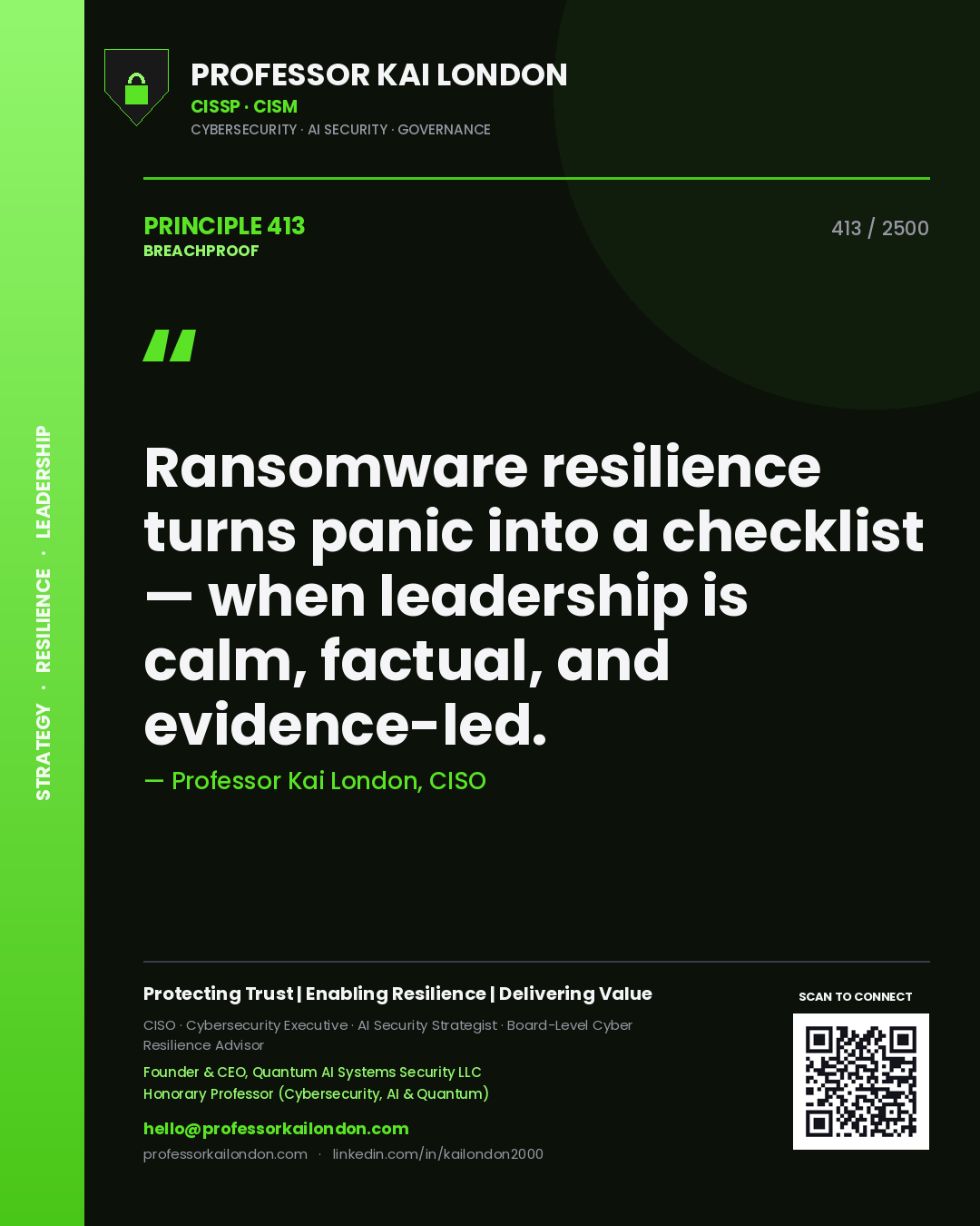 Quote card by Professor Kai London reading 'Ransomware resilience turns panic into a checklist — when leadership is calm, factual, and evidence-led.'. From the book Breachproof.