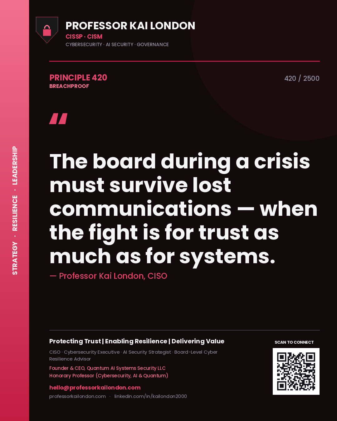 Quote card by Professor Kai London reading 'The board during a crisis must survive lost communications — when the fight is for trust as much as for systems.'. From the book Breachproof.