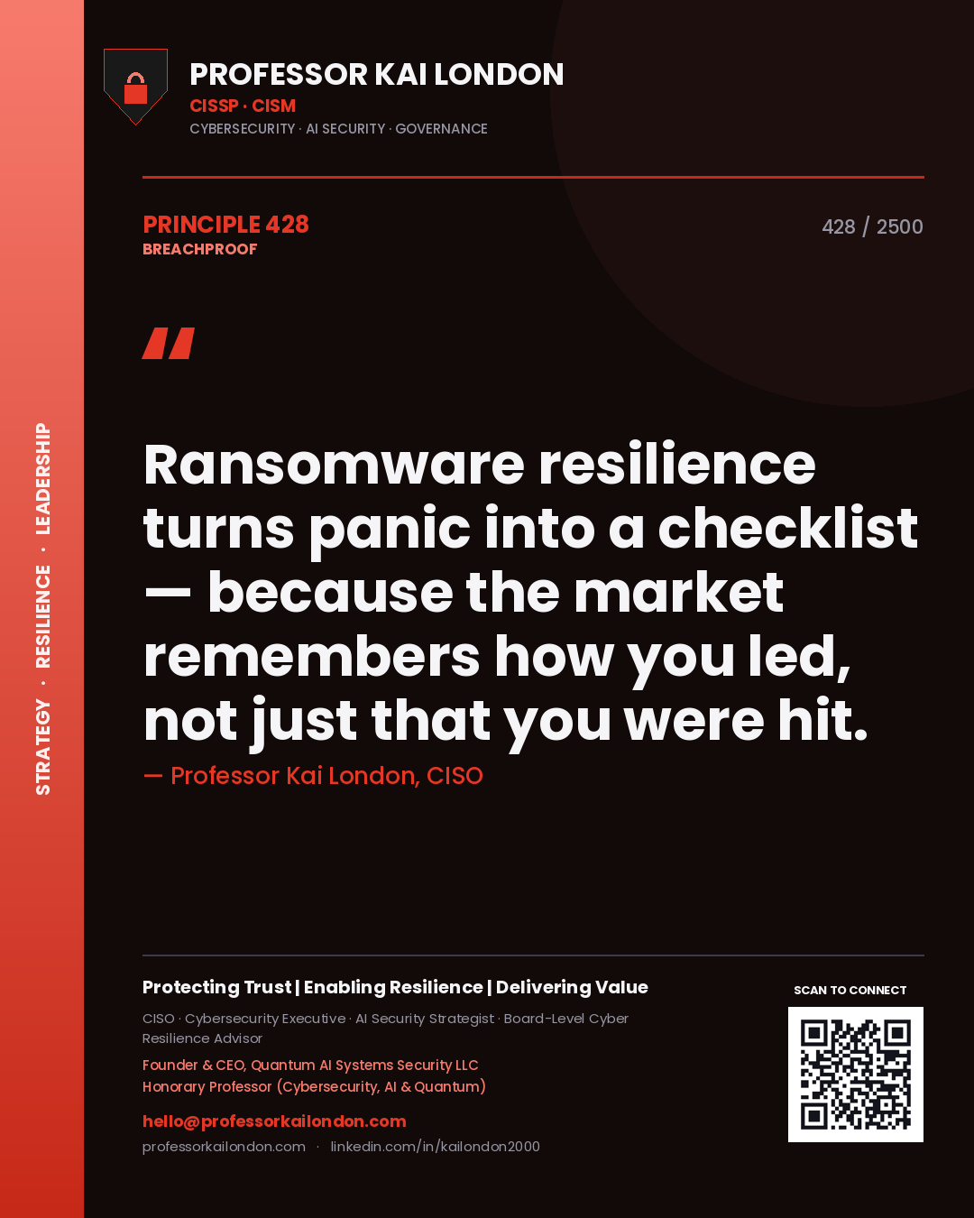 Quote card by Professor Kai London reading 'Ransomware resilience turns panic into a checklist — because the market remembers how you led, not just that you were hit.'. From the book Breachproof.