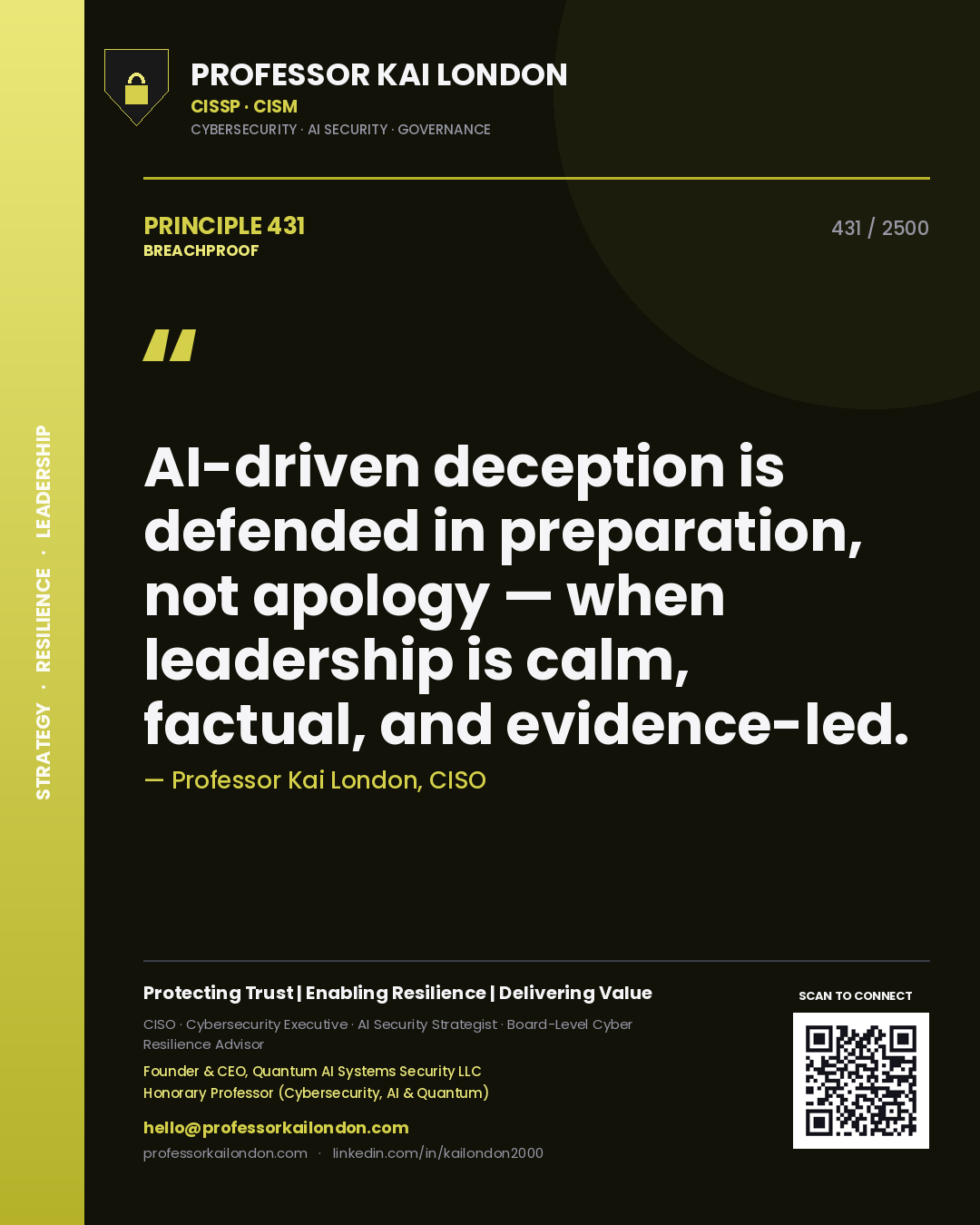 Quote card by Professor Kai London reading 'AI-driven deception is defended in preparation, not apology — when leadership is calm, factual, and evidence-led.'. From the book Breachproof.